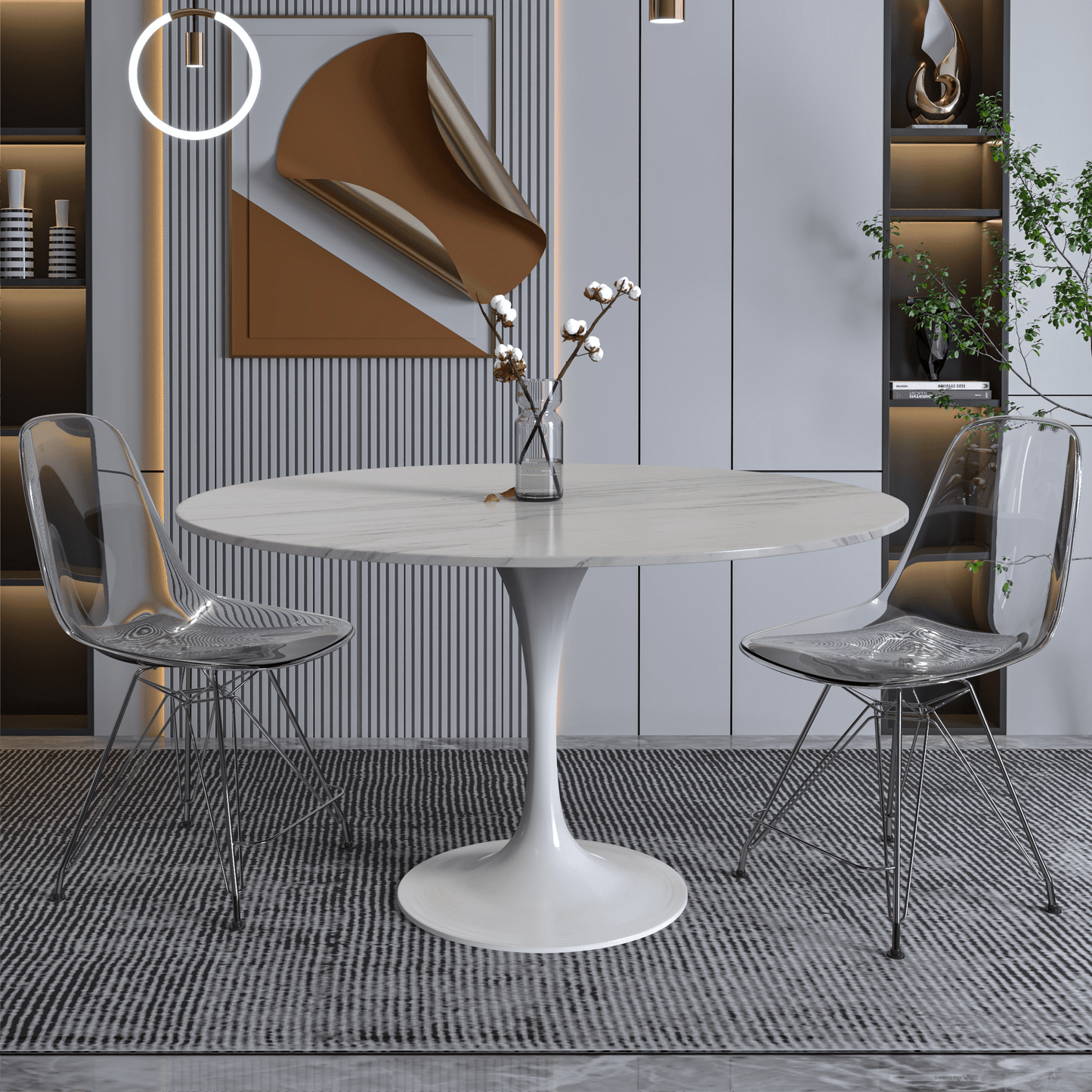 Verve Round Dining Table with MDF/Sintered Stone/Resin Tabletop in White Stainless Steel Pedestal Base