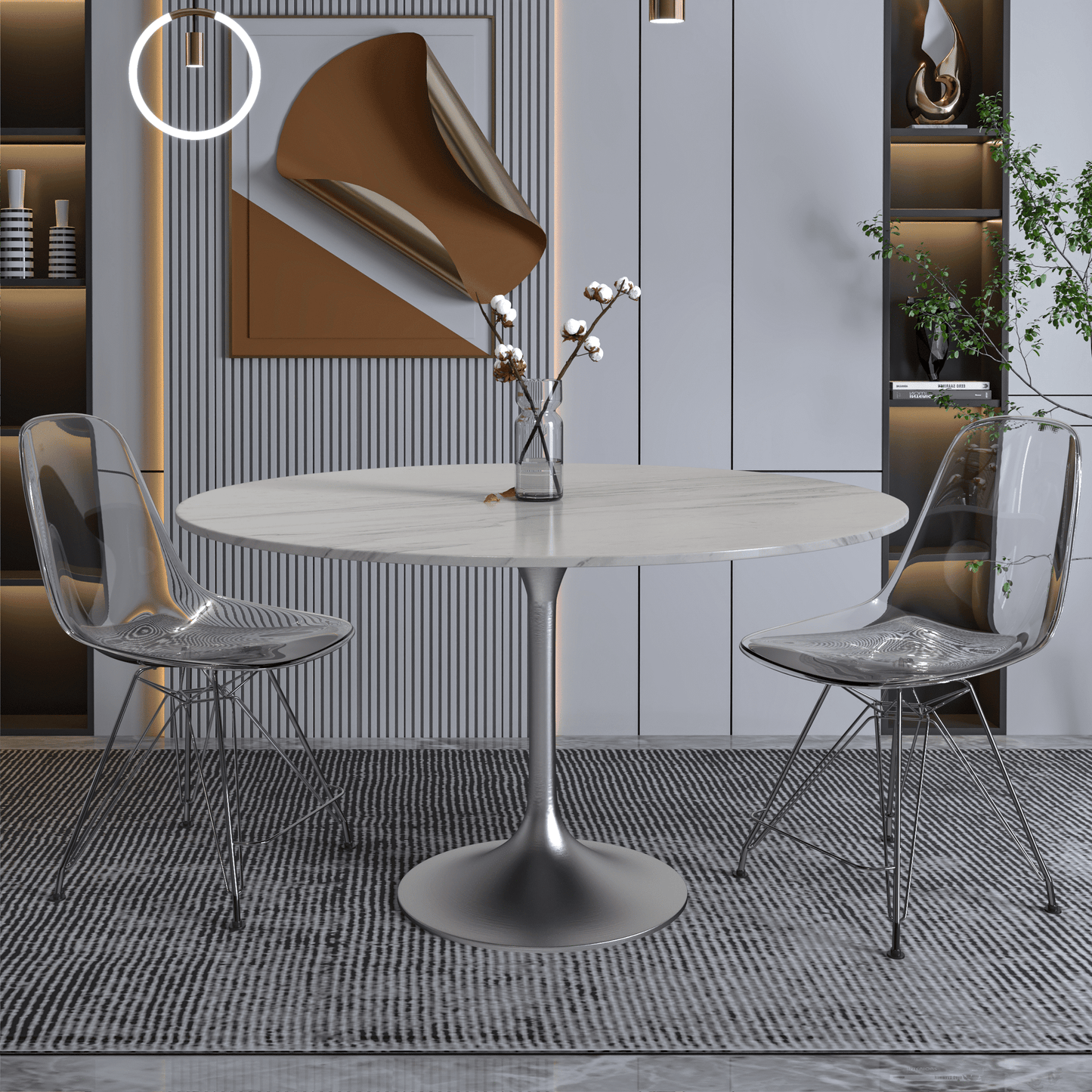 Verve Round Dining Table with MDF/Sintered Stone/Resin Tabletop in Silver Stainless Steel Pedestal Base