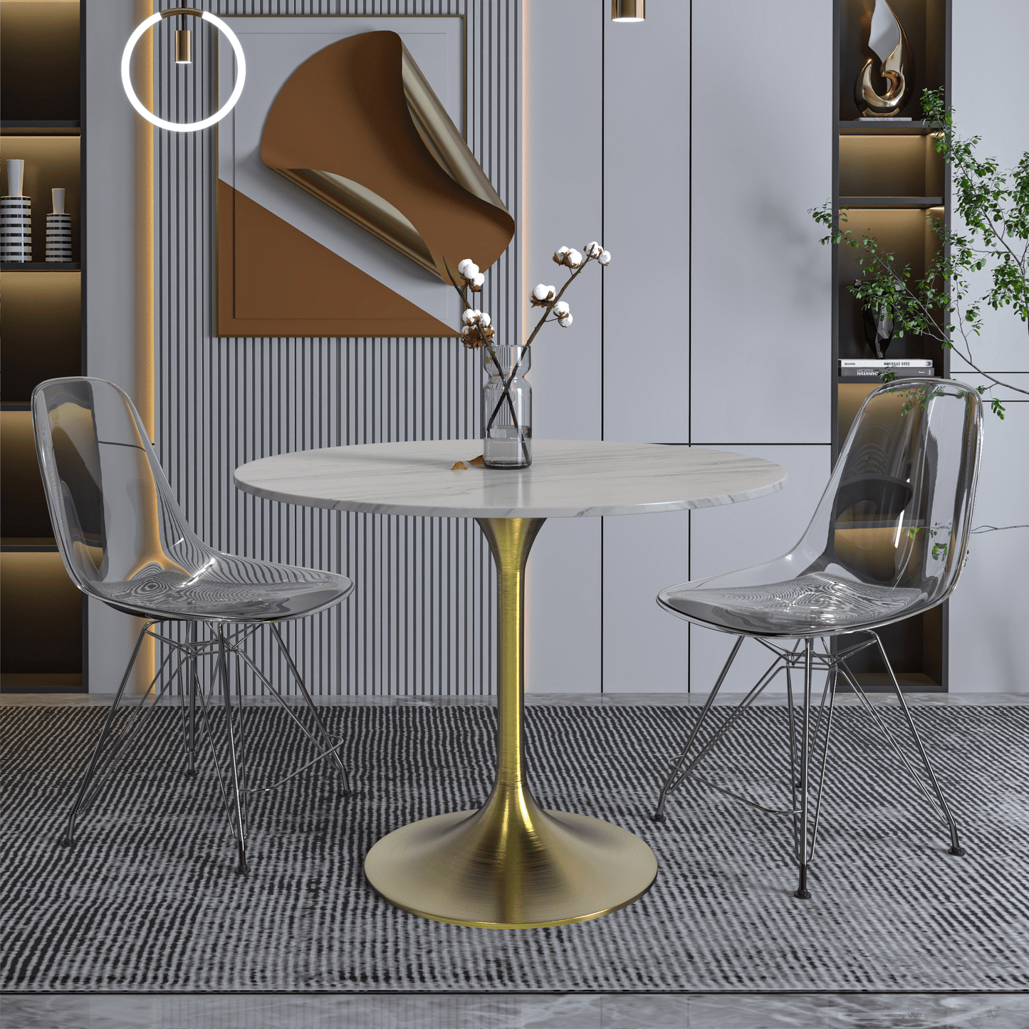Verve Round Dining Table with MDF/Sintered Stone/Resin Tabletop in Gold Stainless Steel Pedestal Base