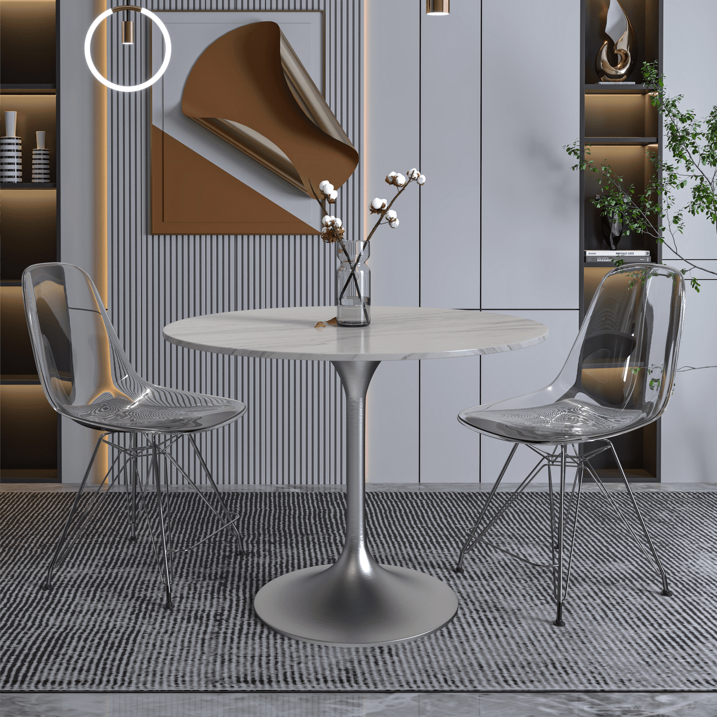 Verve Round Dining Table with MDF/Sintered Stone/Resin Tabletop in Silver Stainless Steel Pedestal Base