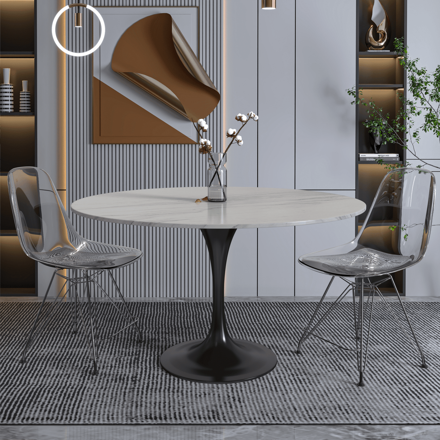 Verve Round Dining Table with MDF/Sintered Stone/Resin Tabletop in Black Stainless Steel Pedestal Base