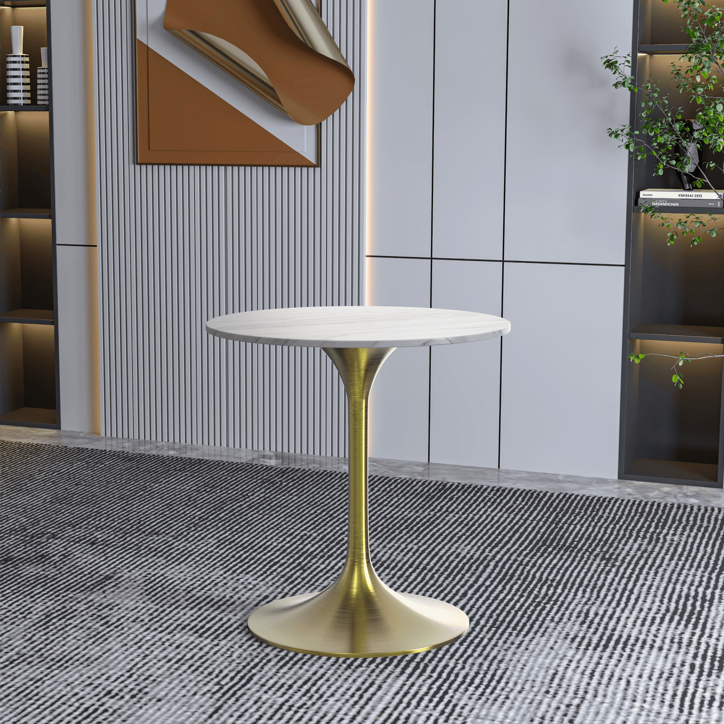 Verve Round Dining Table with MDF/Sintered Stone/Resin Tabletop in Gold Stainless Steel Pedestal Base