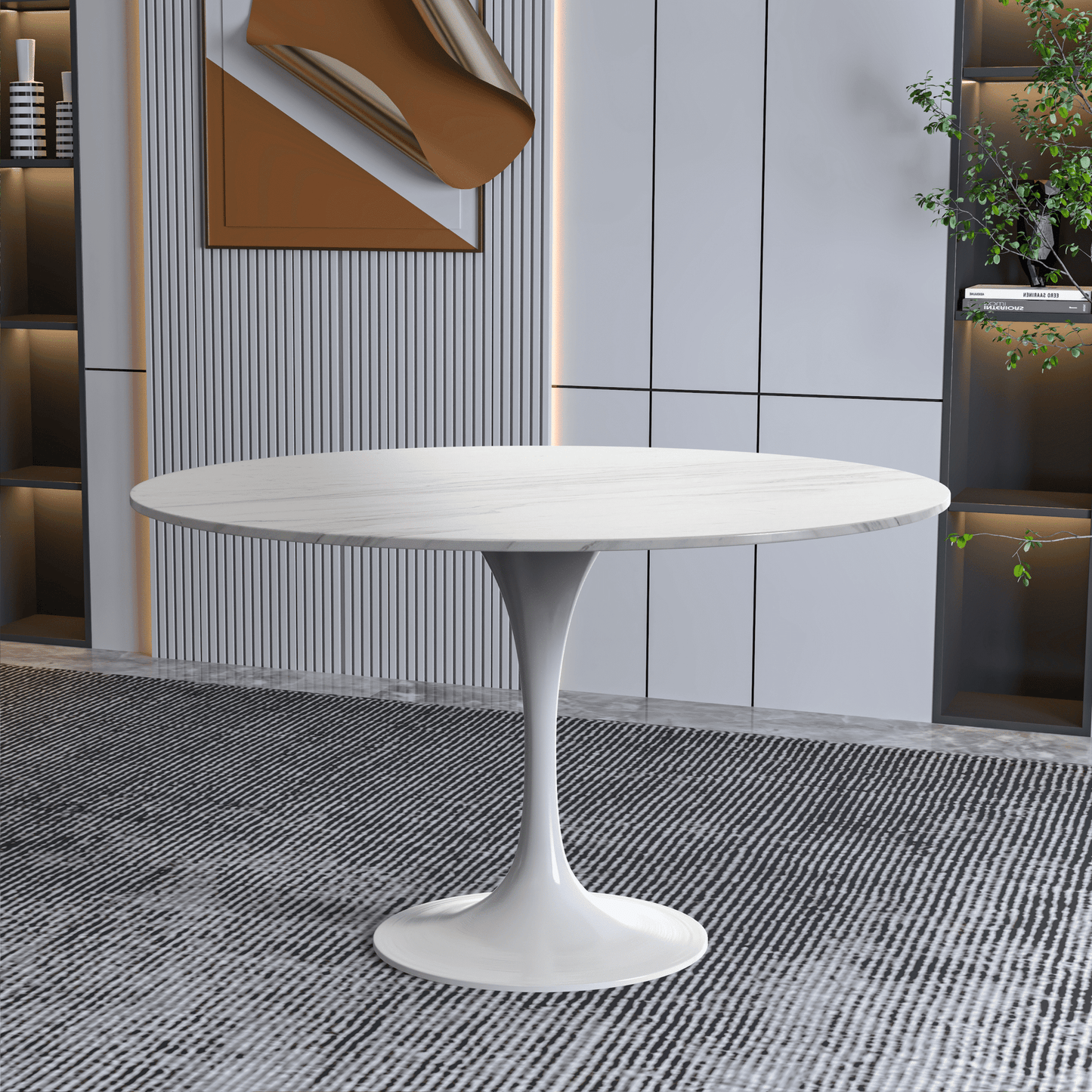 Verve Round Dining Table with MDF/Sintered Stone/Resin Tabletop in White Stainless Steel Pedestal Base