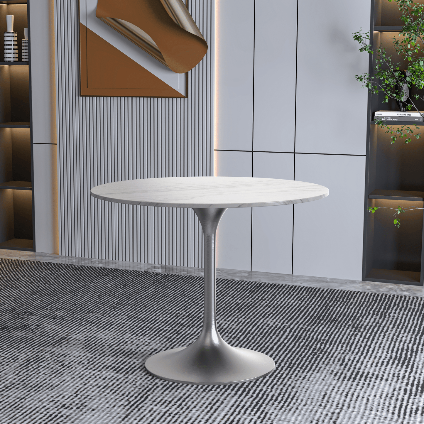 Verve Round Dining Table with MDF/Sintered Stone/Resin Tabletop in Silver Stainless Steel Pedestal Base