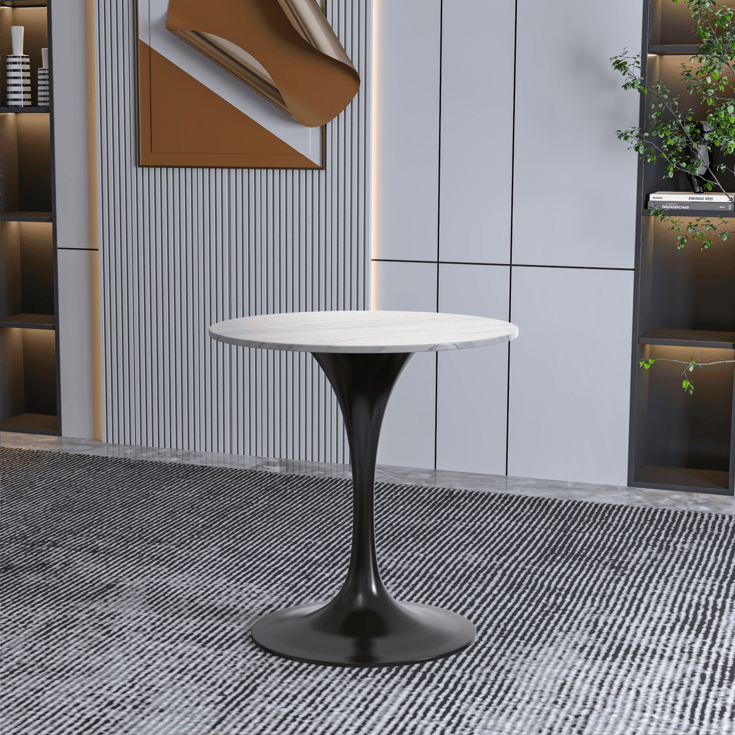 Verve Round Dining Table with MDF/Sintered Stone/Resin Tabletop in Black Stainless Steel Pedestal Base