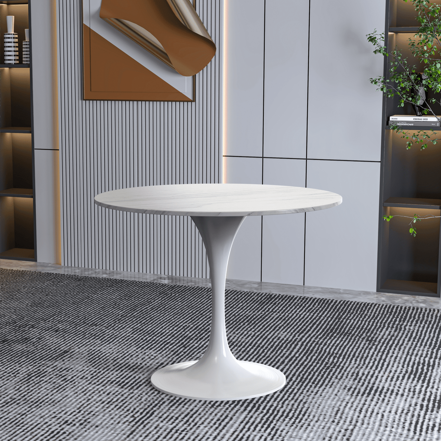 Verve Round Dining Table with MDF/Sintered Stone/Resin Tabletop in White Stainless Steel Pedestal Base