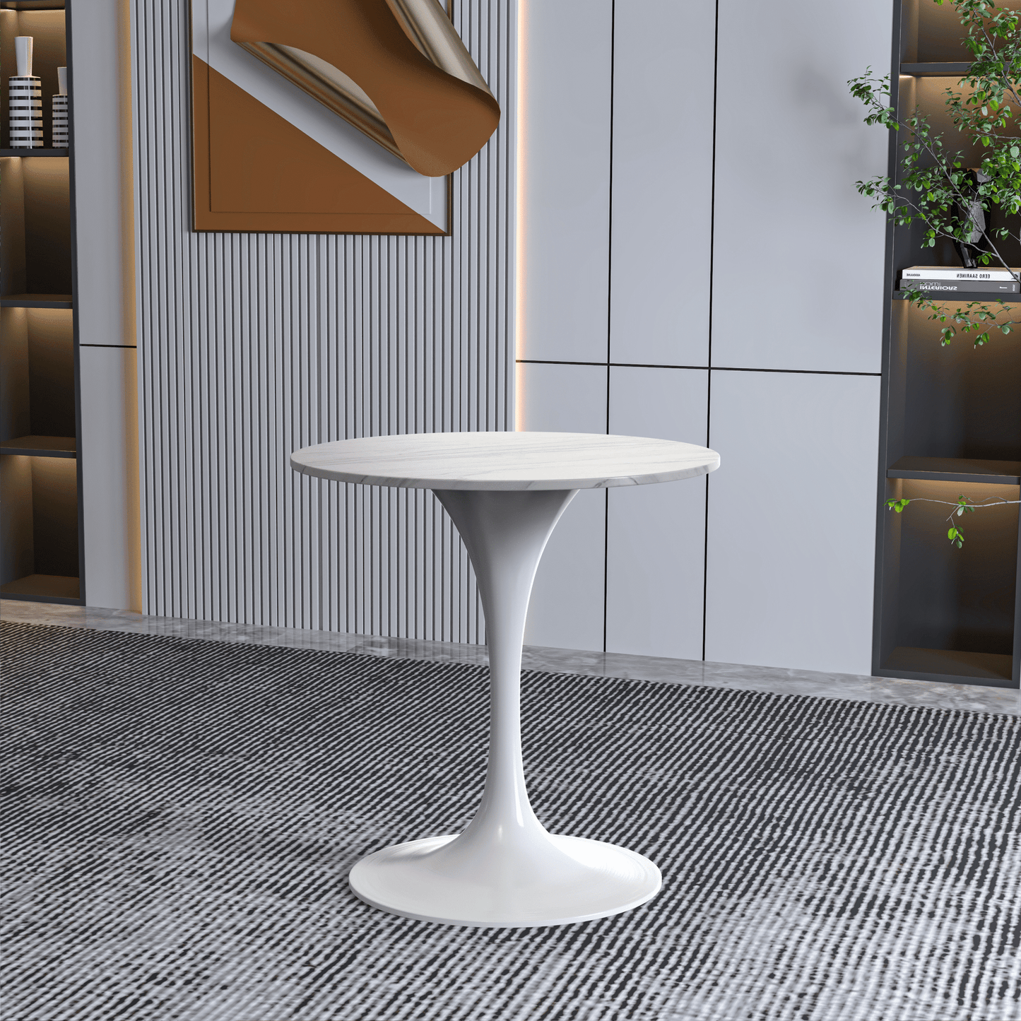 Verve Round Dining Table with MDF/Sintered Stone/Resin Tabletop in White Stainless Steel Pedestal Base