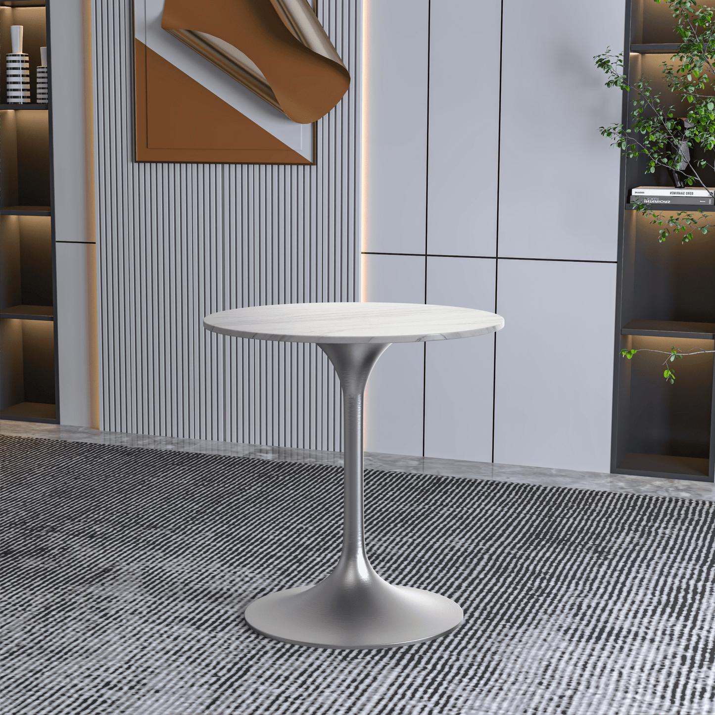 Verve Round Dining Table with MDF/Sintered Stone/Resin Tabletop in Silver Stainless Steel Pedestal Base