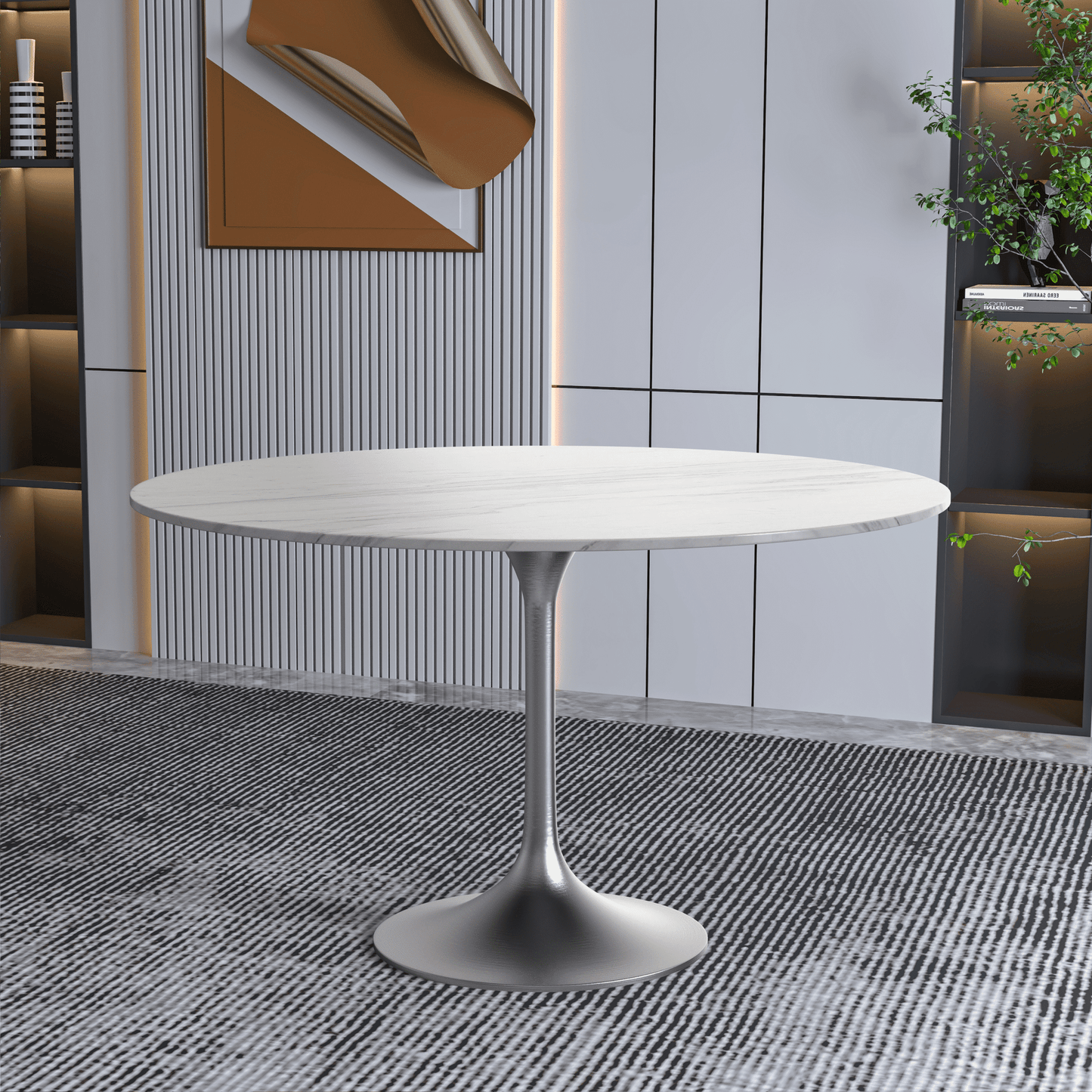 Verve Round Dining Table with MDF/Sintered Stone/Resin Tabletop in Silver Stainless Steel Pedestal Base