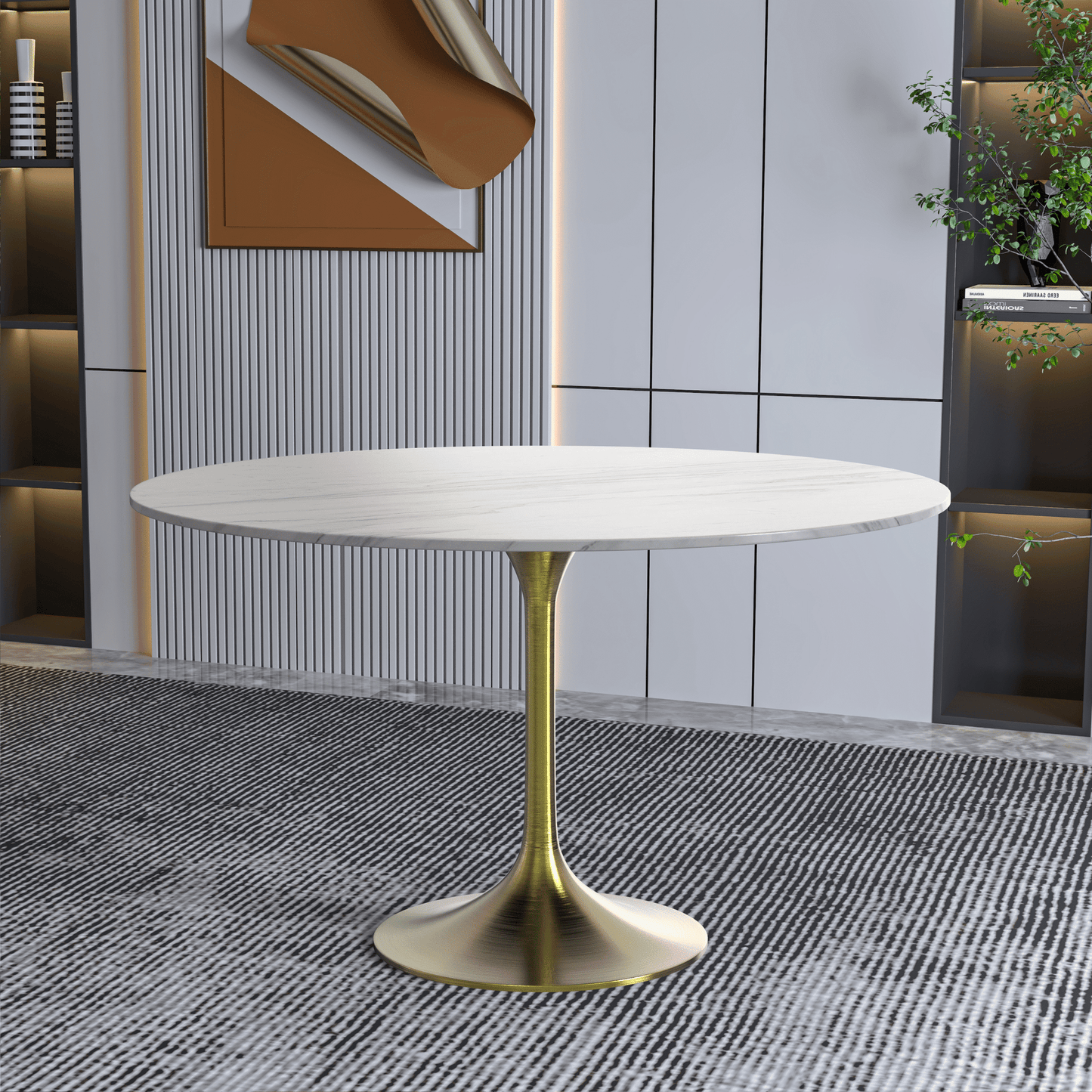 Verve Round Dining Table with MDF/Sintered Stone/Resin Tabletop in Gold Stainless Steel Pedestal Base