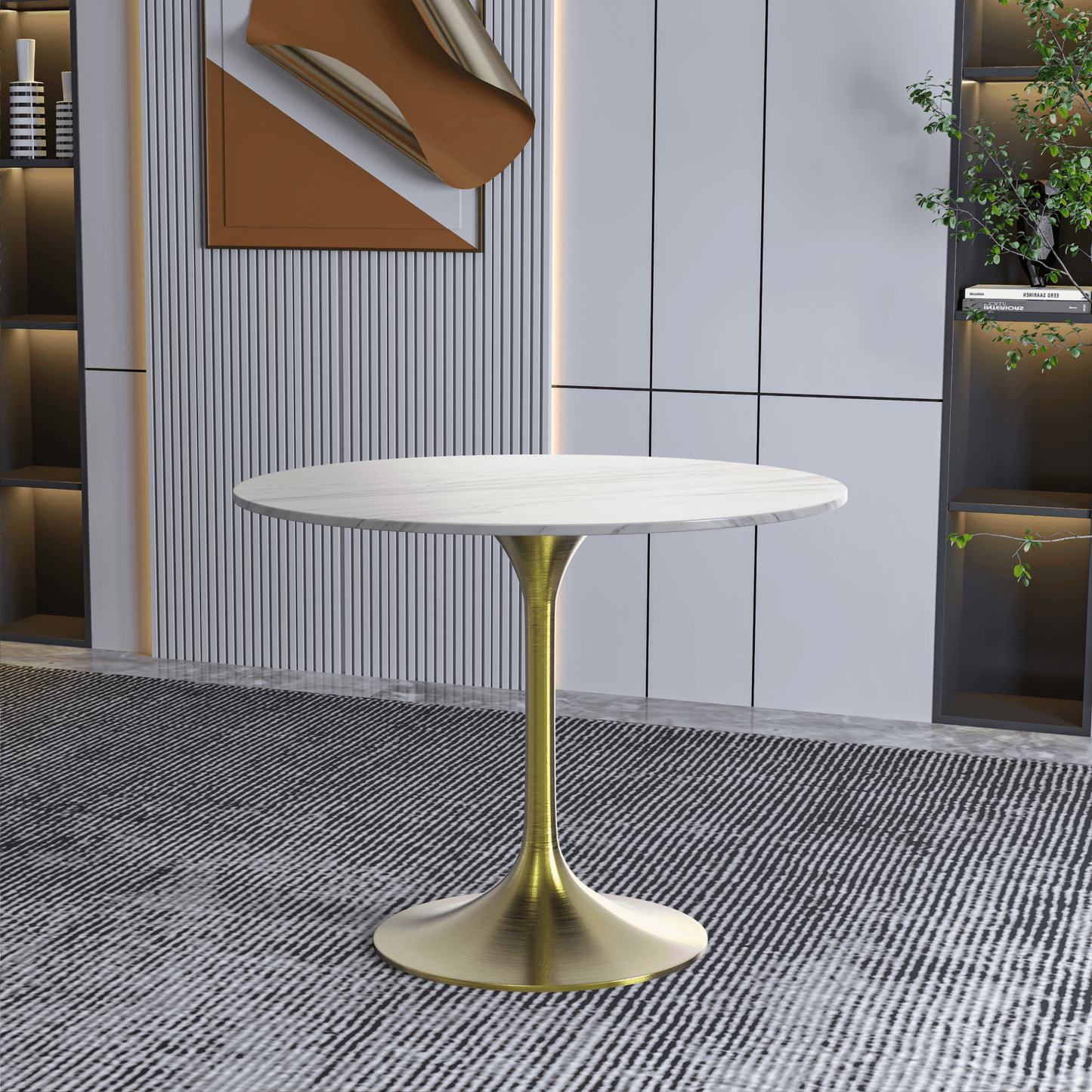 Verve Round Dining Table with MDF/Sintered Stone/Resin Tabletop in Gold Stainless Steel Pedestal Base