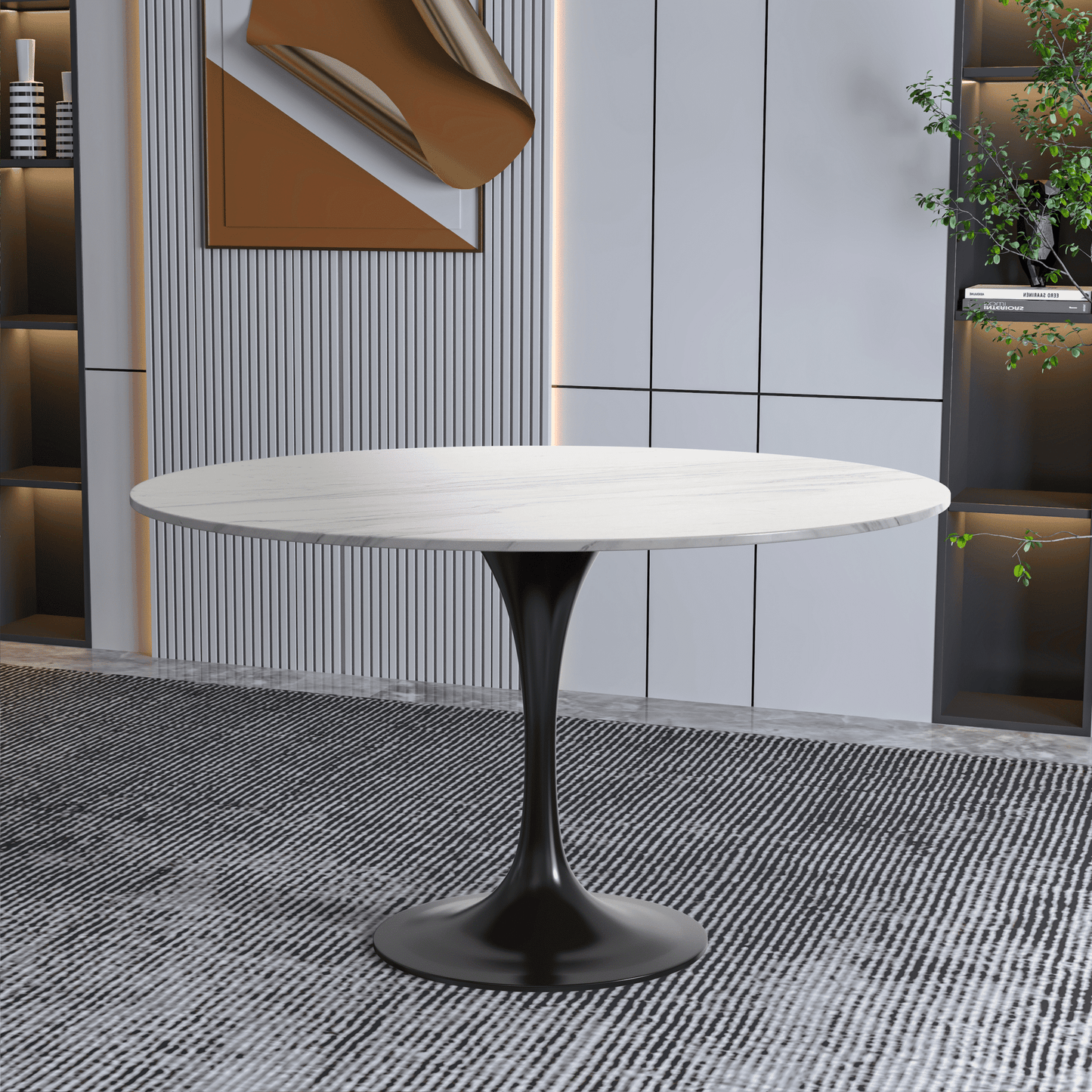 Verve Round Dining Table with MDF/Sintered Stone/Resin Tabletop in Black Stainless Steel Pedestal Base