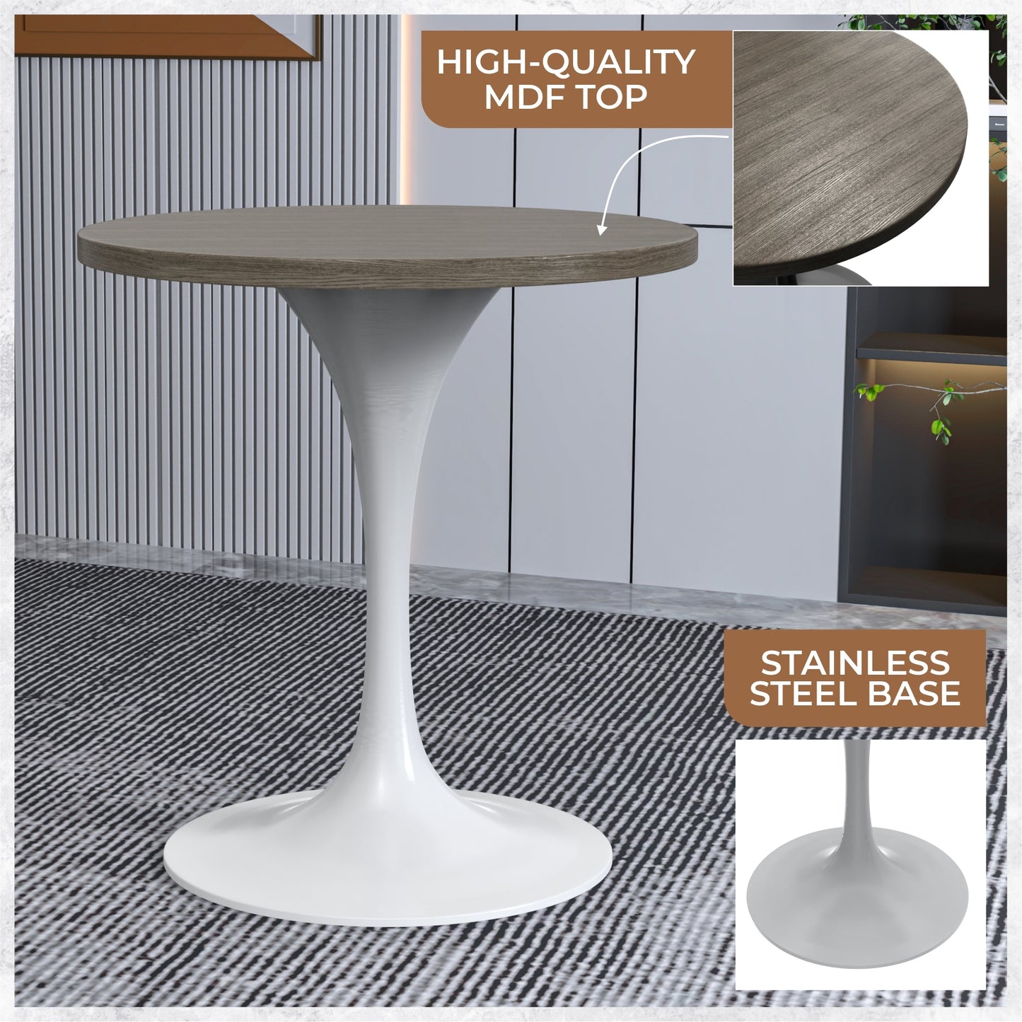 Verve Round Dining Table with MDF/Sintered Stone/Resin Tabletop in White Stainless Steel Pedestal Base