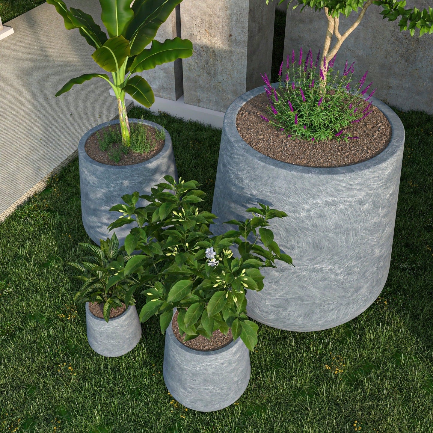 Orchid 4-Piece Tapered Round Planter Pot Set in Fiberstone and Clay Weather Resistant Design