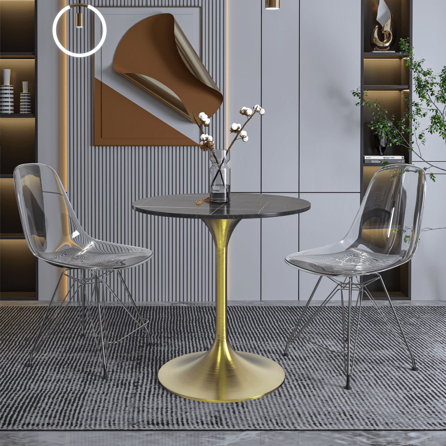 Verve Round Dining Table with MDF/Sintered Stone/Resin Tabletop in Gold Stainless Steel Pedestal Base
