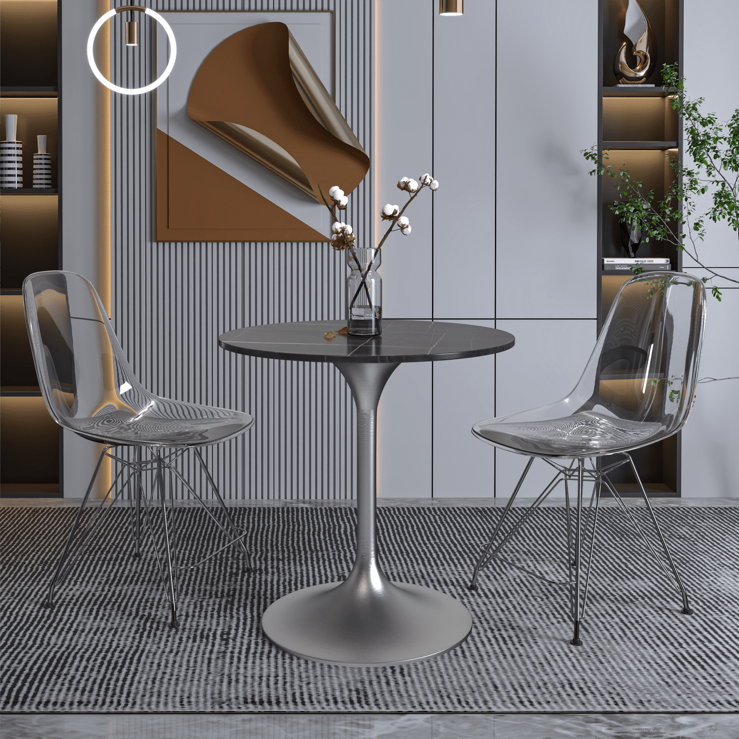 Verve Round Dining Table with MDF/Sintered Stone/Resin Tabletop in Silver Stainless Steel Pedestal Base