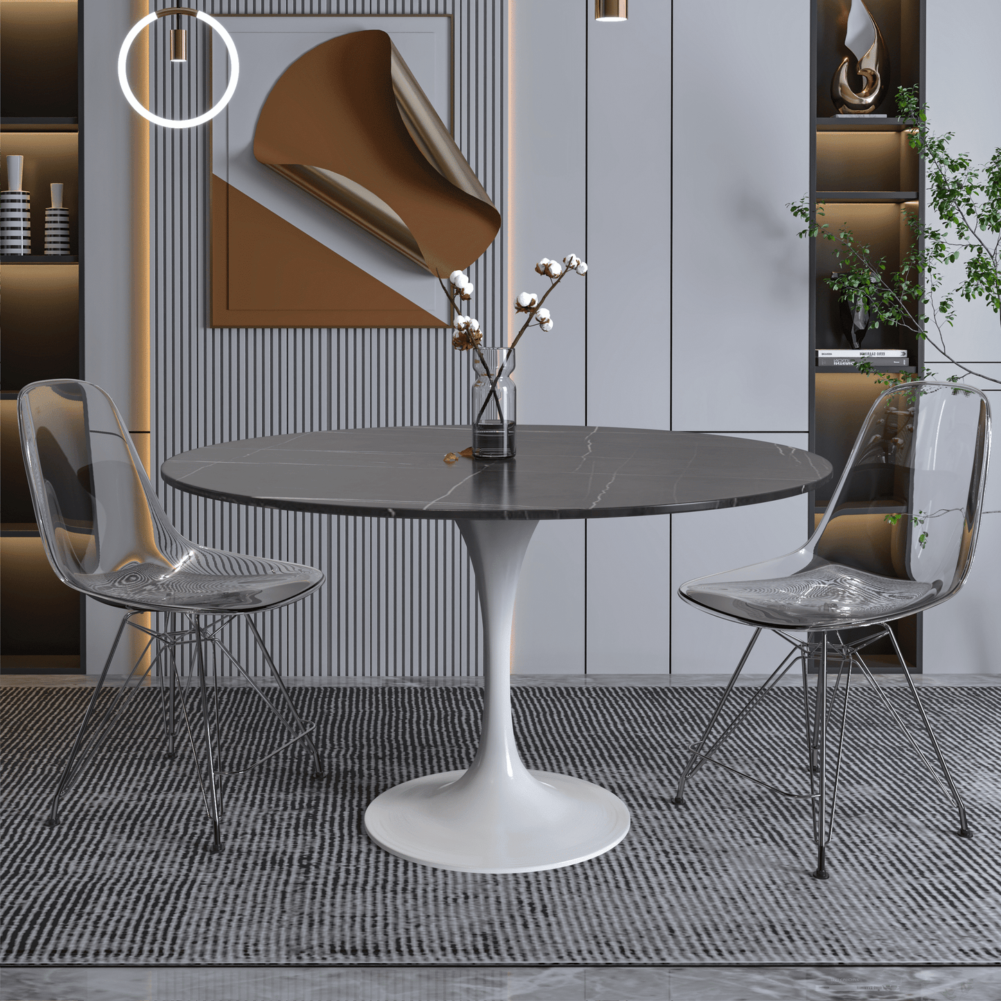 Verve Round Dining Table with MDF/Sintered Stone/Resin Tabletop in White Stainless Steel Pedestal Base