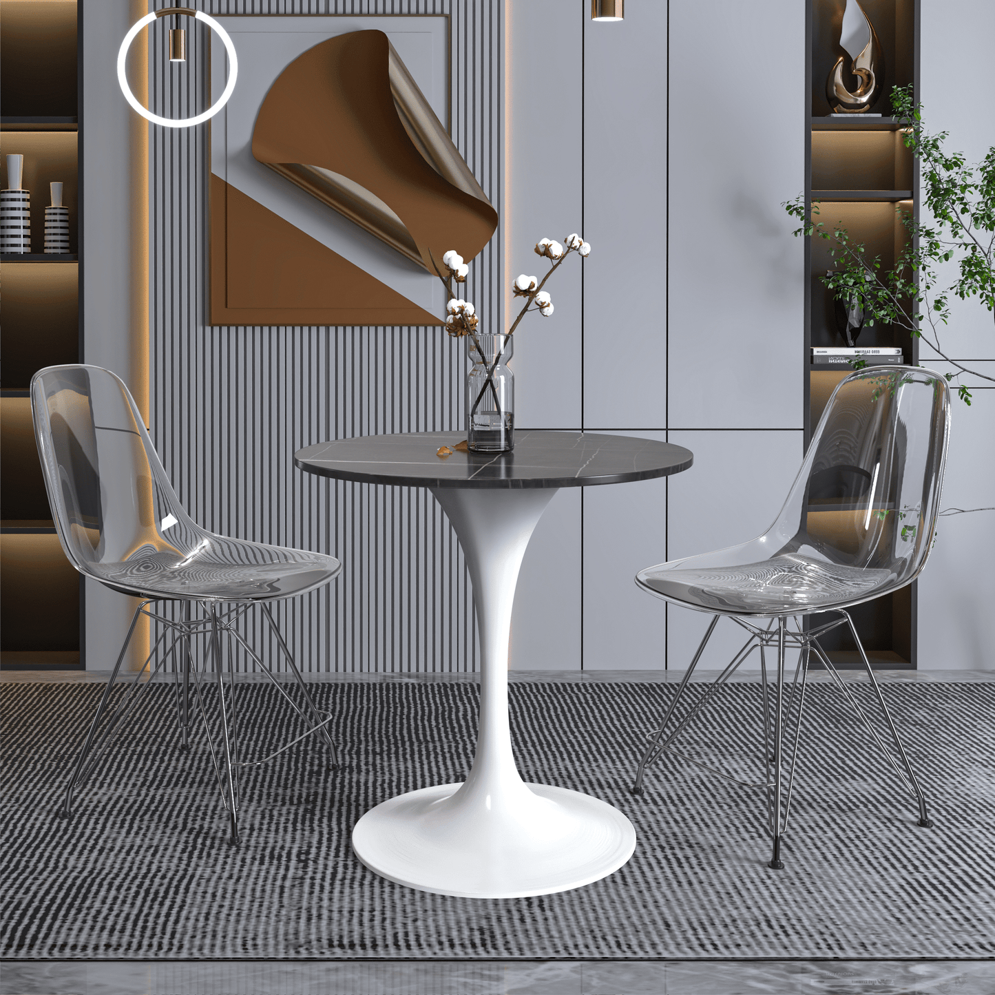 Verve Round Dining Table with MDF/Sintered Stone/Resin Tabletop in White Stainless Steel Pedestal Base