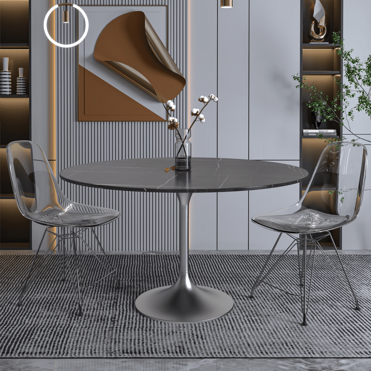 Verve Round Dining Table with MDF/Sintered Stone/Resin Tabletop in Silver Stainless Steel Pedestal Base