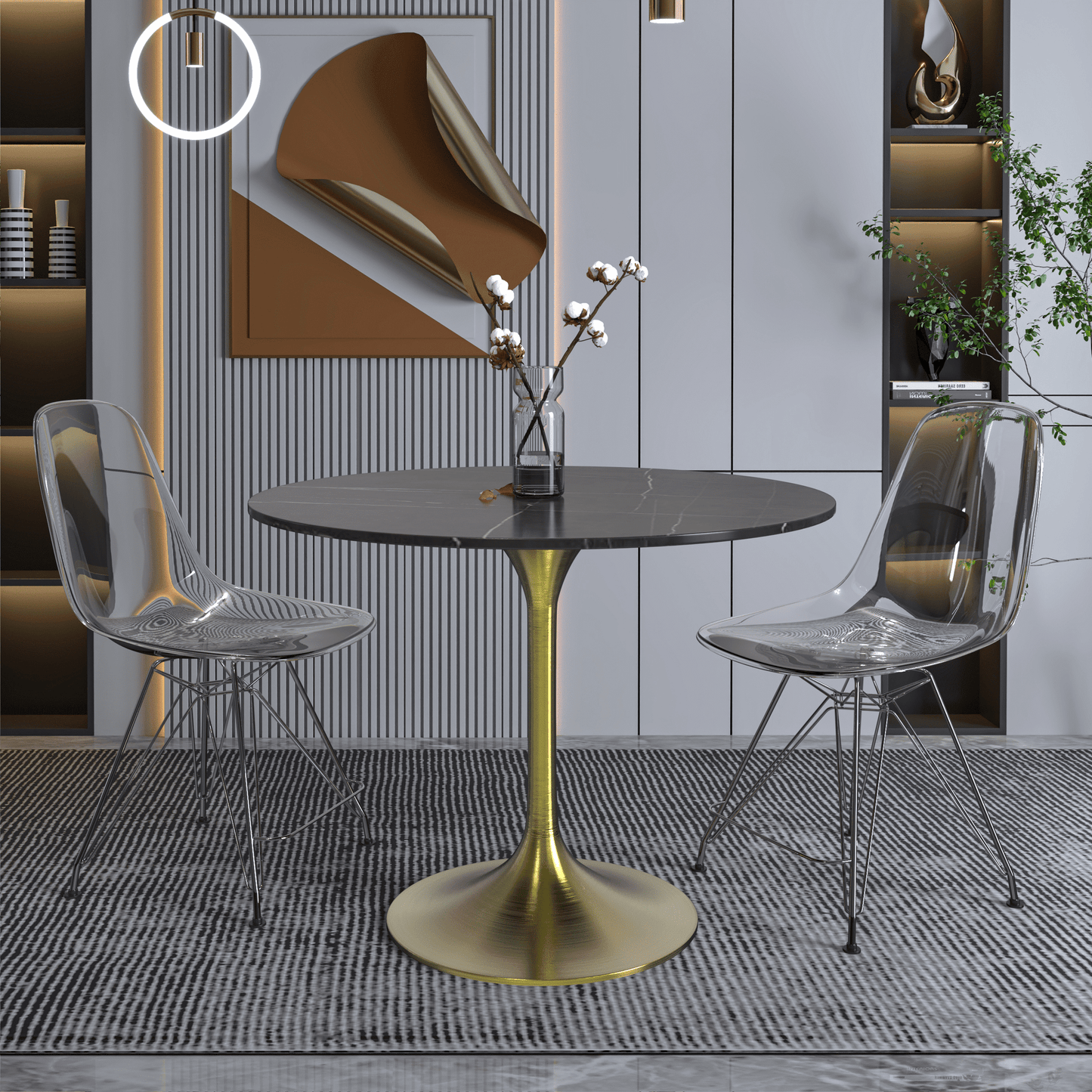 Verve Round Dining Table with MDF/Sintered Stone/Resin Tabletop in Gold Stainless Steel Pedestal Base