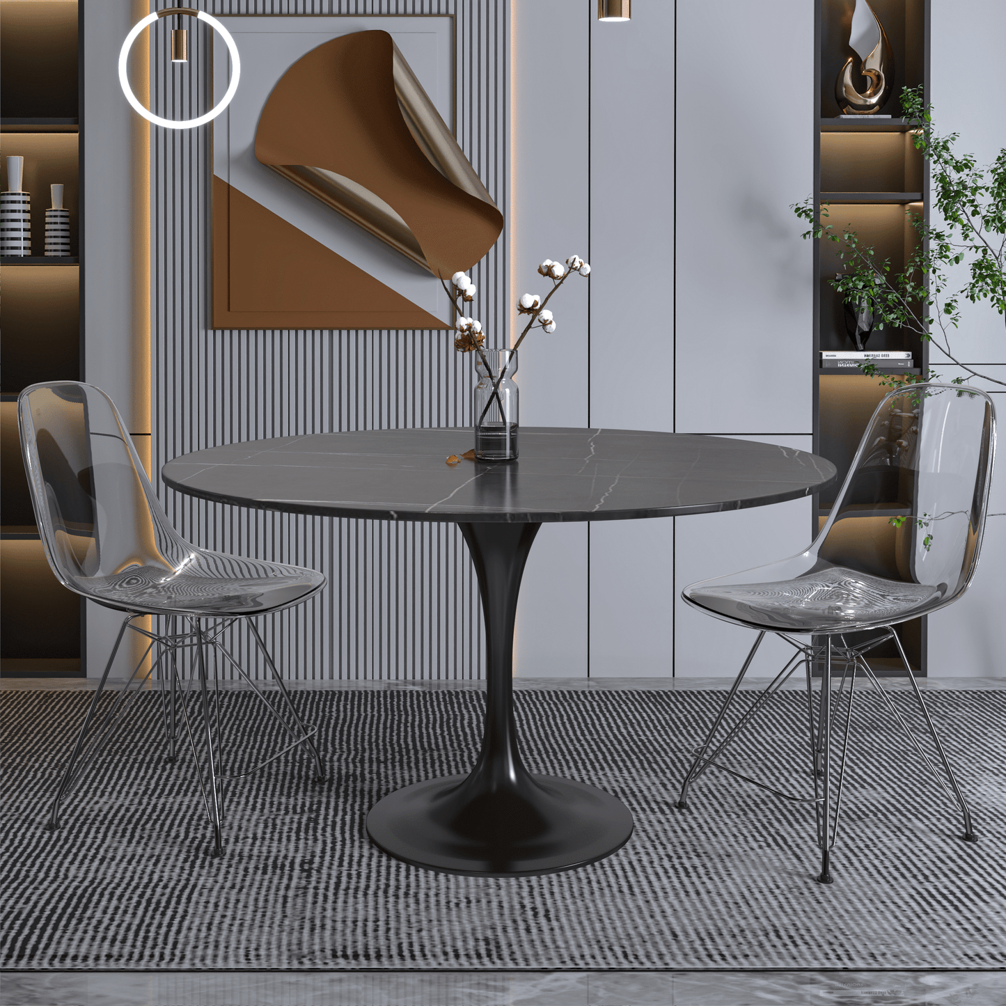 Verve Round Dining Table with MDF/Sintered Stone/Resin Tabletop in Black Stainless Steel Pedestal Base