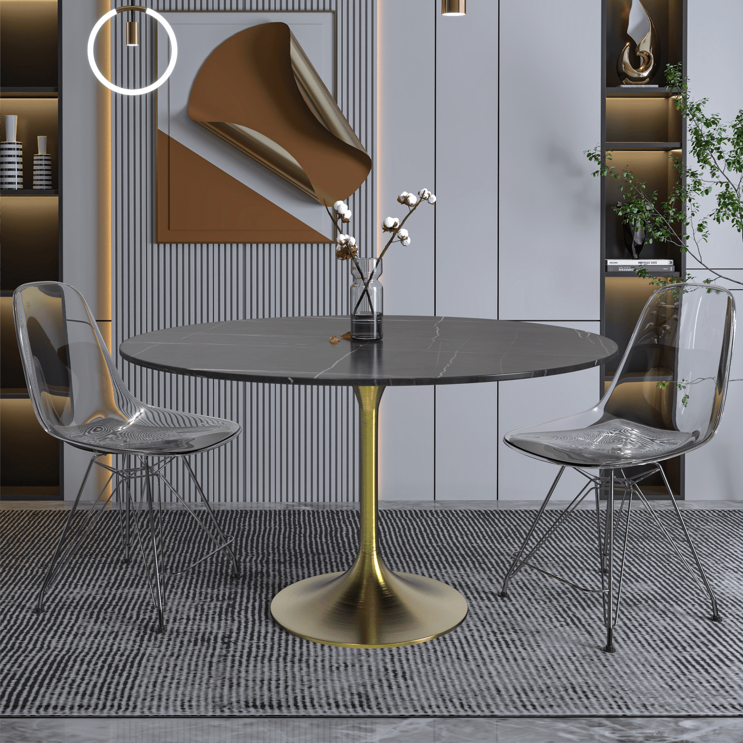 Verve Round Dining Table with MDF/Sintered Stone/Resin Tabletop in Gold Stainless Steel Pedestal Base