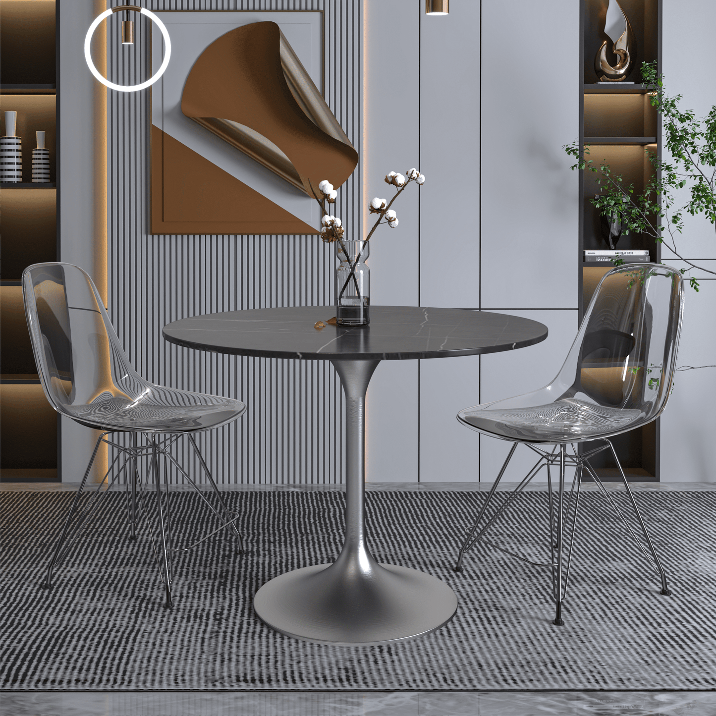 Verve Round Dining Table with MDF/Sintered Stone/Resin Tabletop in Silver Stainless Steel Pedestal Base
