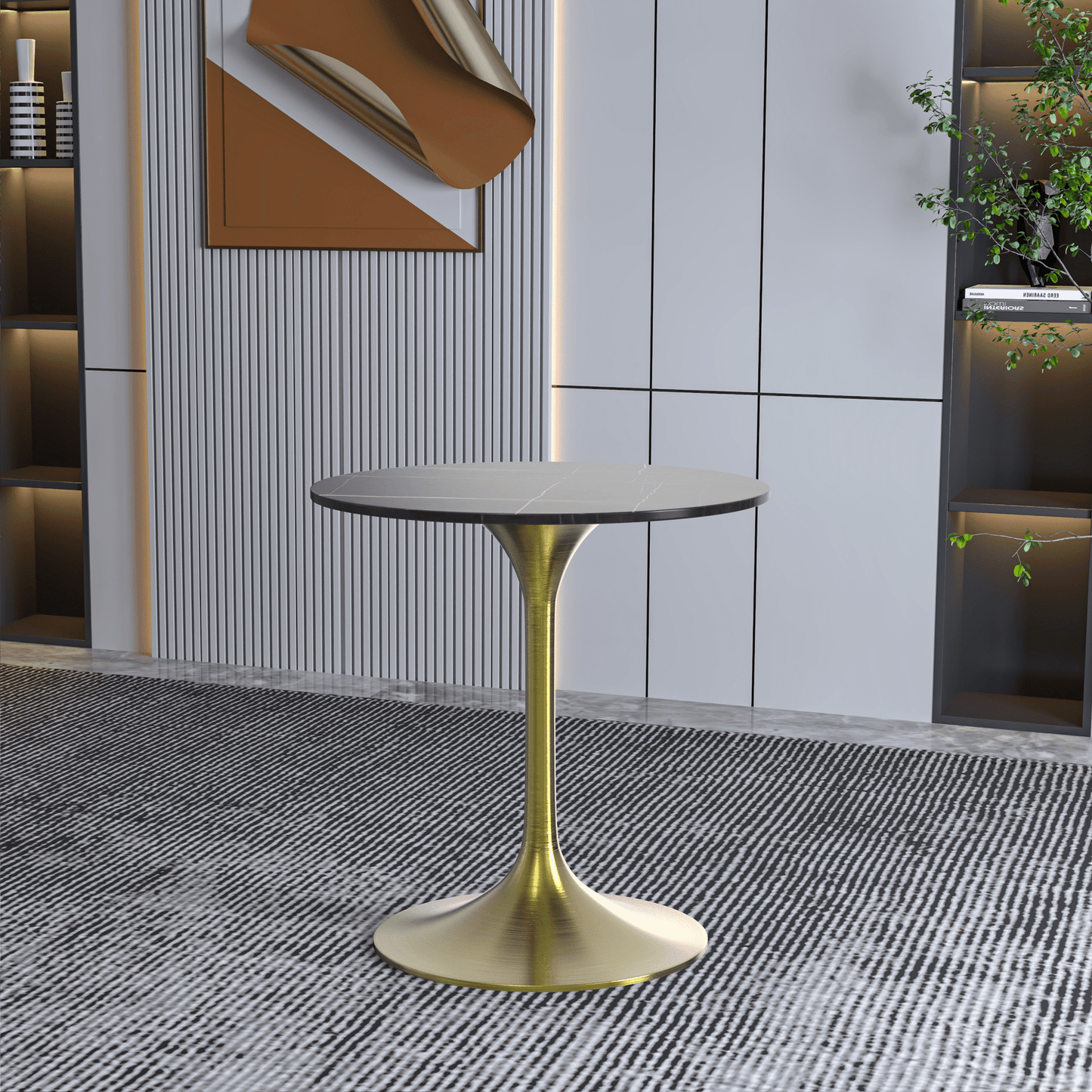 Verve Round Dining Table with MDF/Sintered Stone/Resin Tabletop in Gold Stainless Steel Pedestal Base