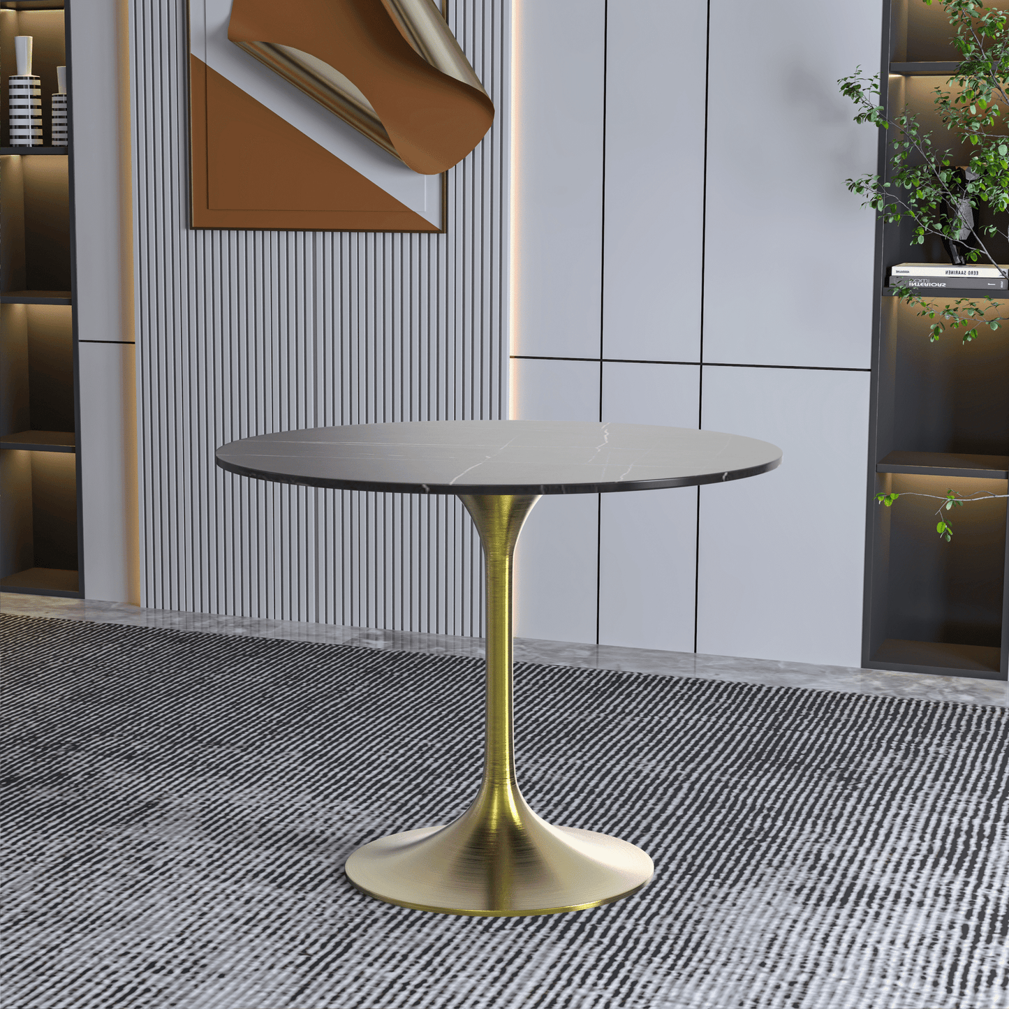 Verve Round Dining Table with MDF/Sintered Stone/Resin Tabletop in Gold Stainless Steel Pedestal Base