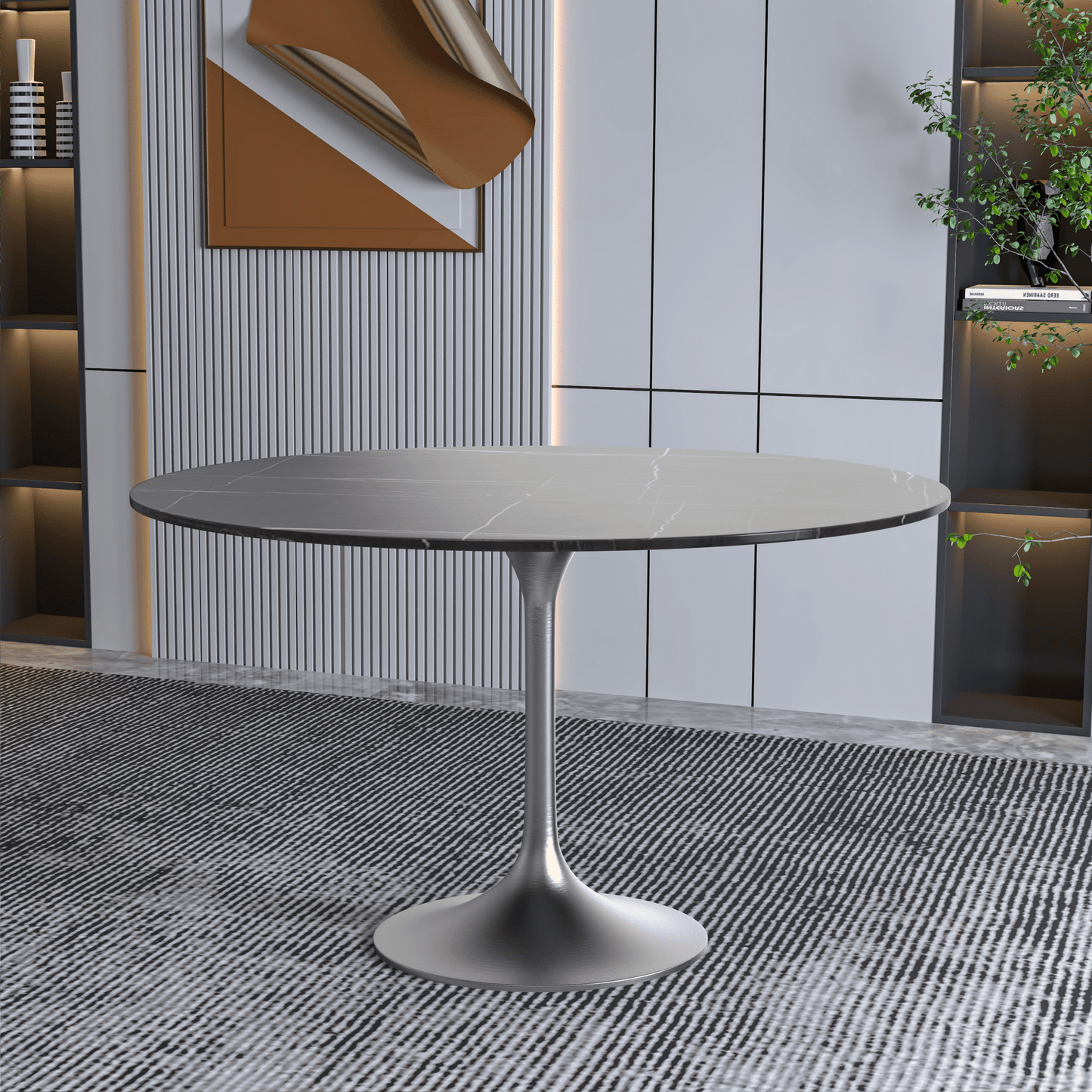 Verve Round Dining Table with MDF/Sintered Stone/Resin Tabletop in Silver Stainless Steel Pedestal Base