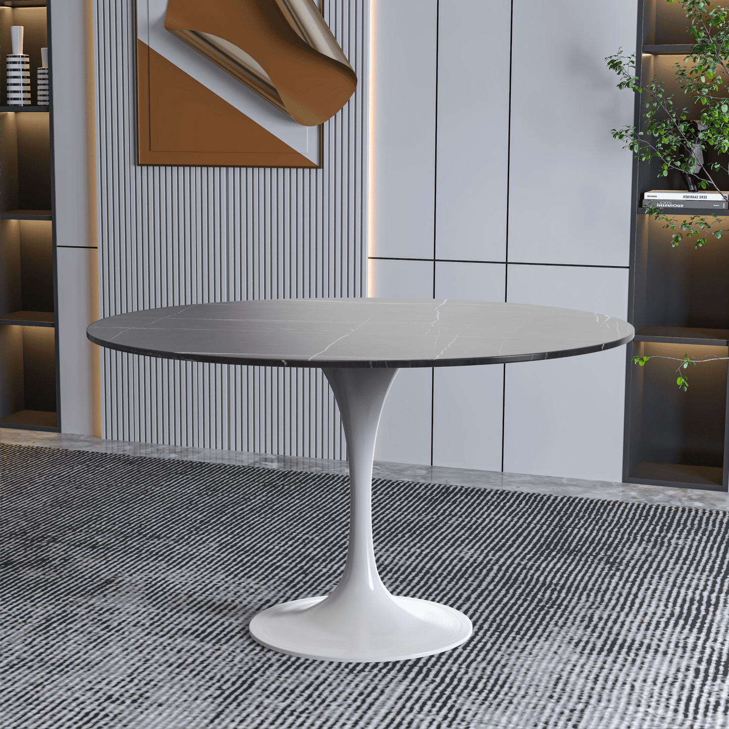 Verve Round Dining Table with MDF/Sintered Stone/Resin Tabletop in White Stainless Steel Pedestal Base