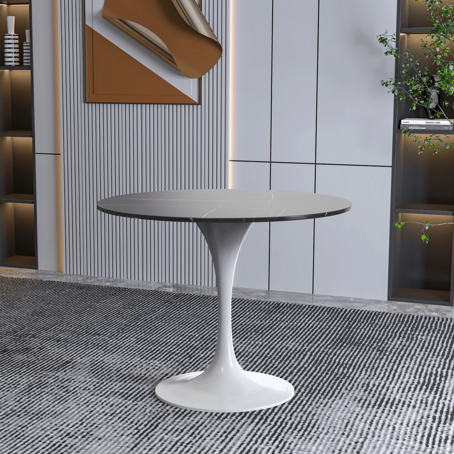 Verve Round Dining Table with MDF/Sintered Stone/Resin Tabletop in White Stainless Steel Pedestal Base
