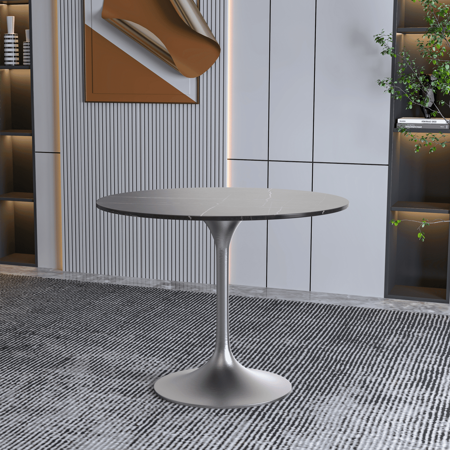 Verve Round Dining Table with MDF/Sintered Stone/Resin Tabletop in Silver Stainless Steel Pedestal Base