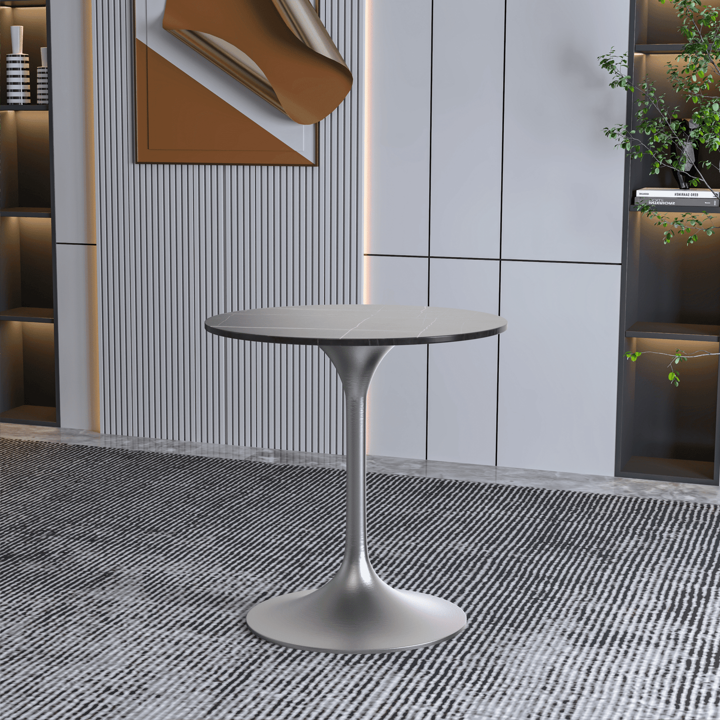 Verve Round Dining Table with MDF/Sintered Stone/Resin Tabletop in Silver Stainless Steel Pedestal Base