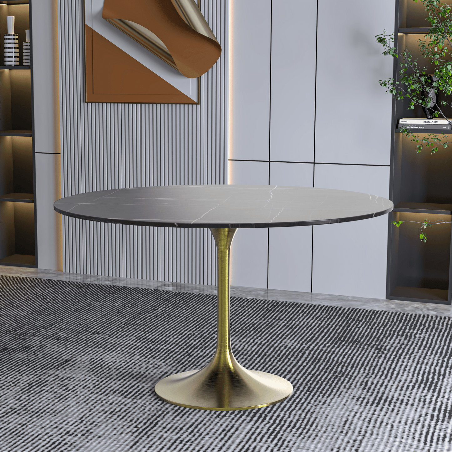 Verve Round Dining Table with MDF/Sintered Stone/Resin Tabletop in Gold Stainless Steel Pedestal Base