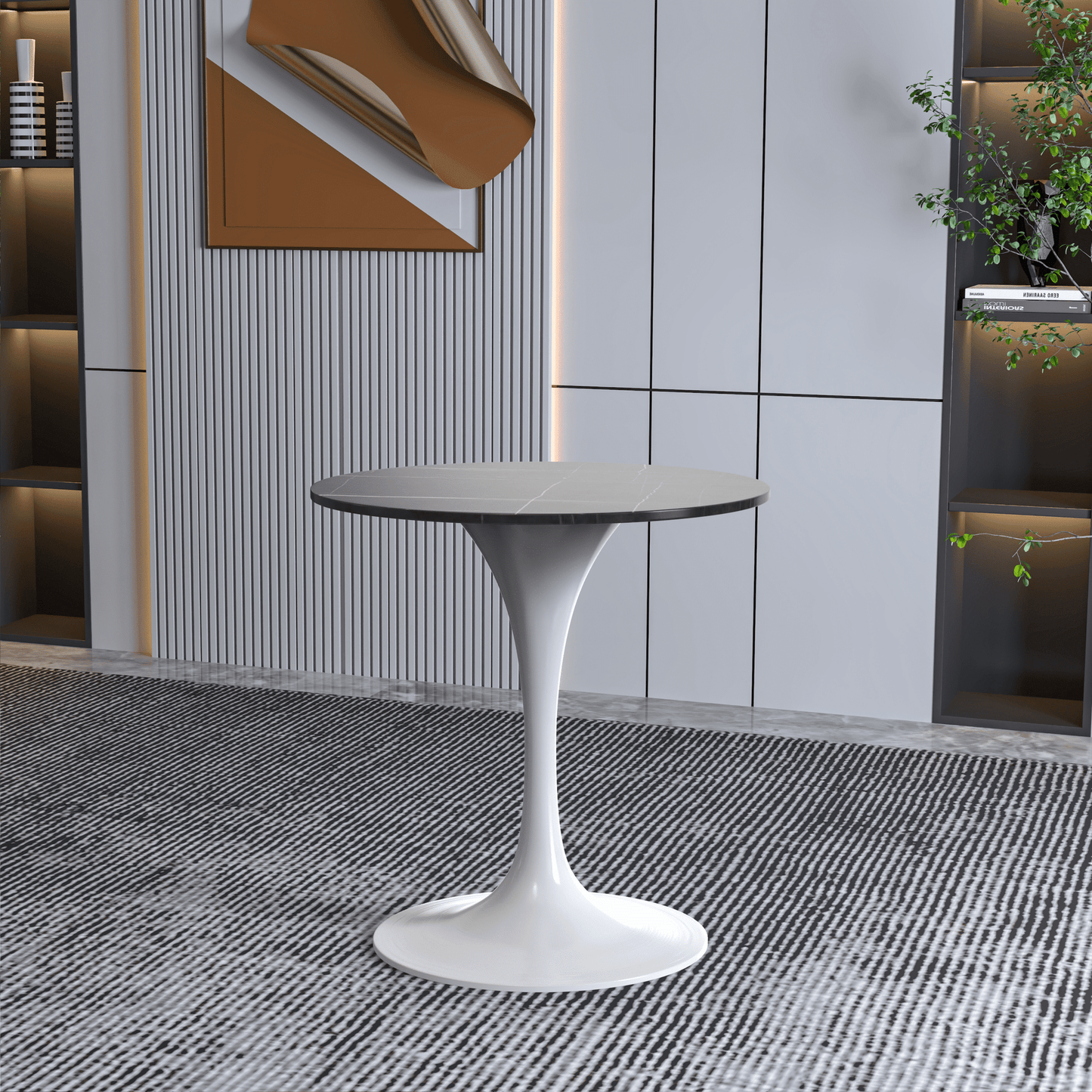 Verve Round Dining Table with MDF/Sintered Stone/Resin Tabletop in White Stainless Steel Pedestal Base