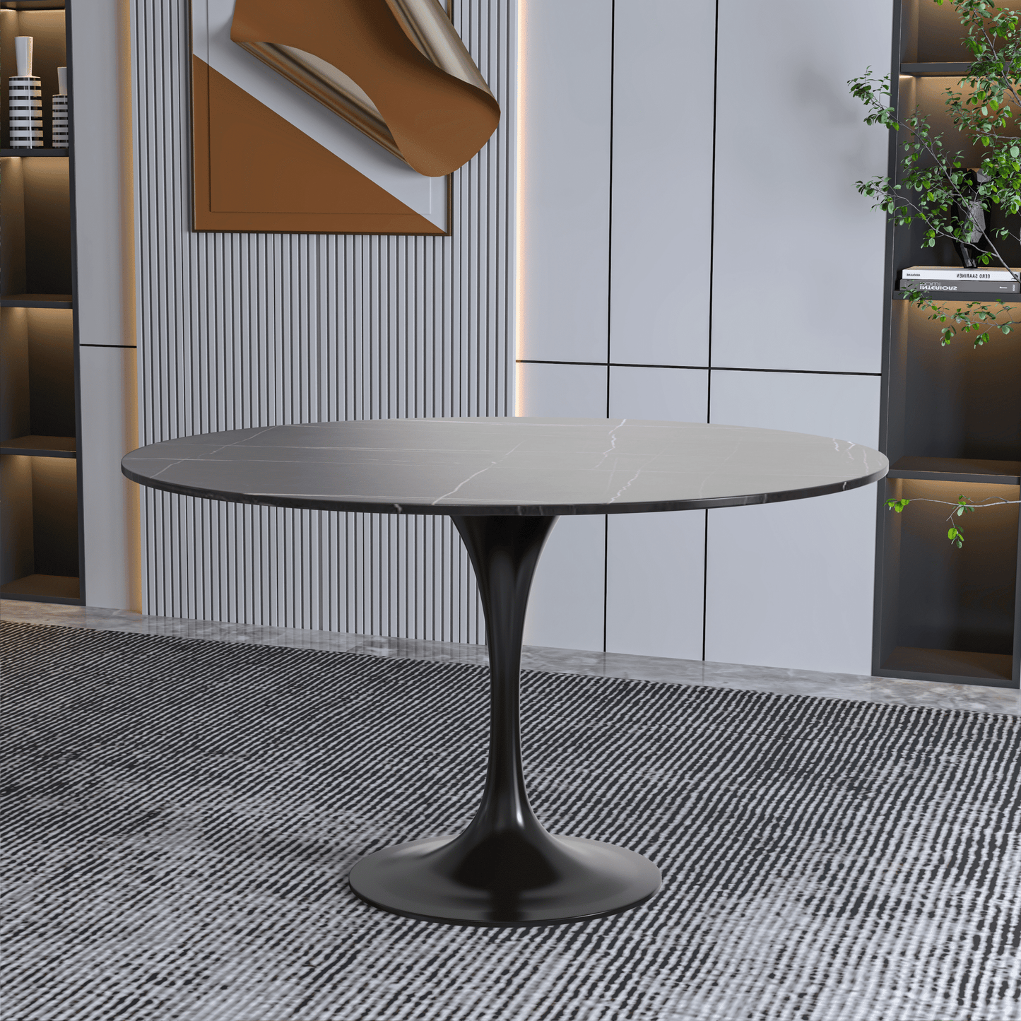 Verve Round Dining Table with MDF/Sintered Stone/Resin Tabletop in Black Stainless Steel Pedestal Base