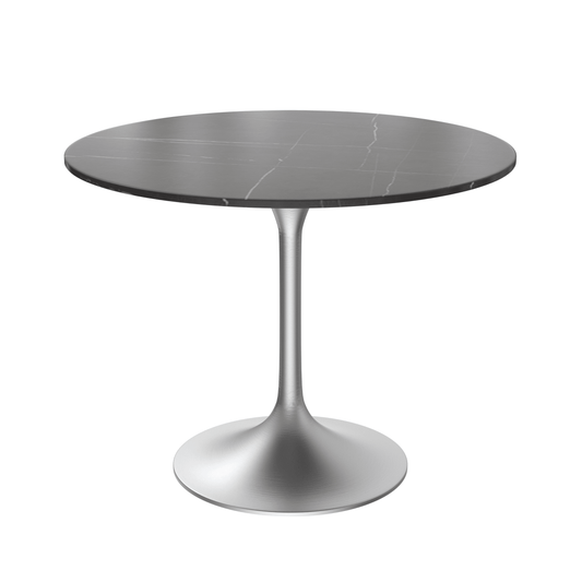 Verve Round Dining Table with MDF/Sintered Stone/Resin Tabletop in Silver Stainless Steel Pedestal Base