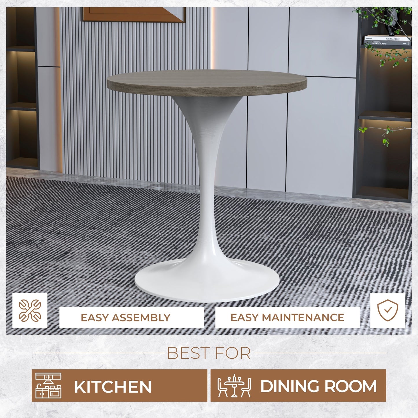 Verve Round Dining Table with MDF/Sintered Stone/Resin Tabletop in White Stainless Steel Pedestal Base