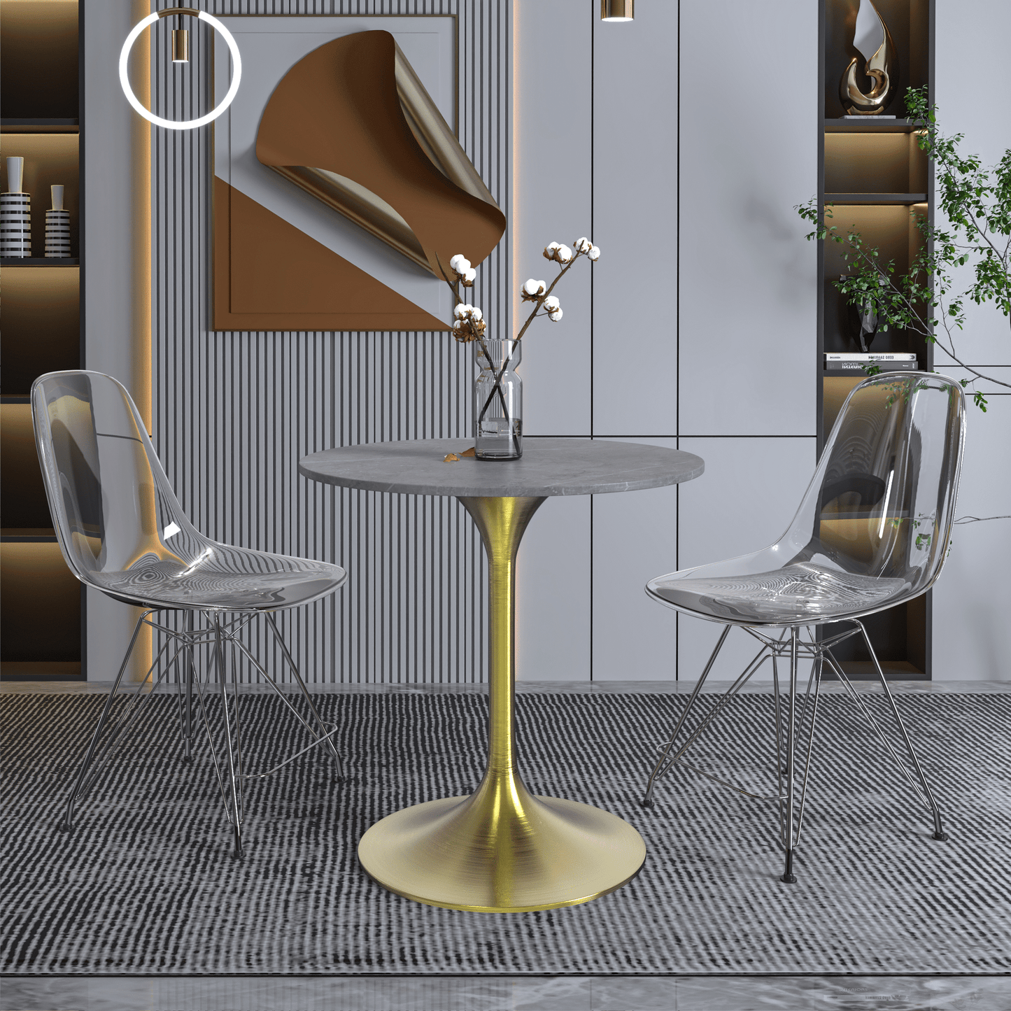 Verve Round Dining Table with MDF/Sintered Stone/Resin Tabletop in Gold Stainless Steel Pedestal Base