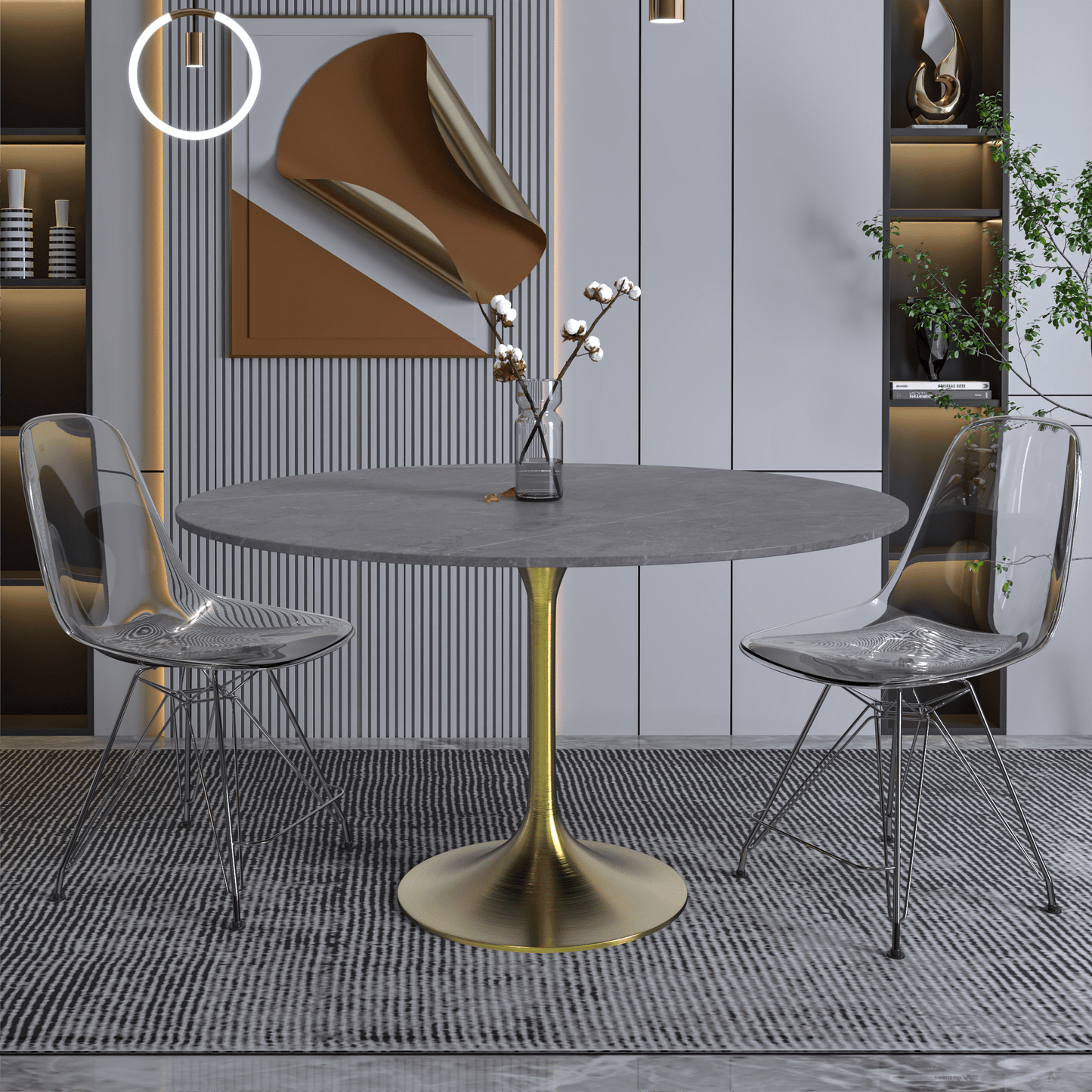 Verve Round Dining Table with MDF/Sintered Stone/Resin Tabletop in Gold Stainless Steel Pedestal Base