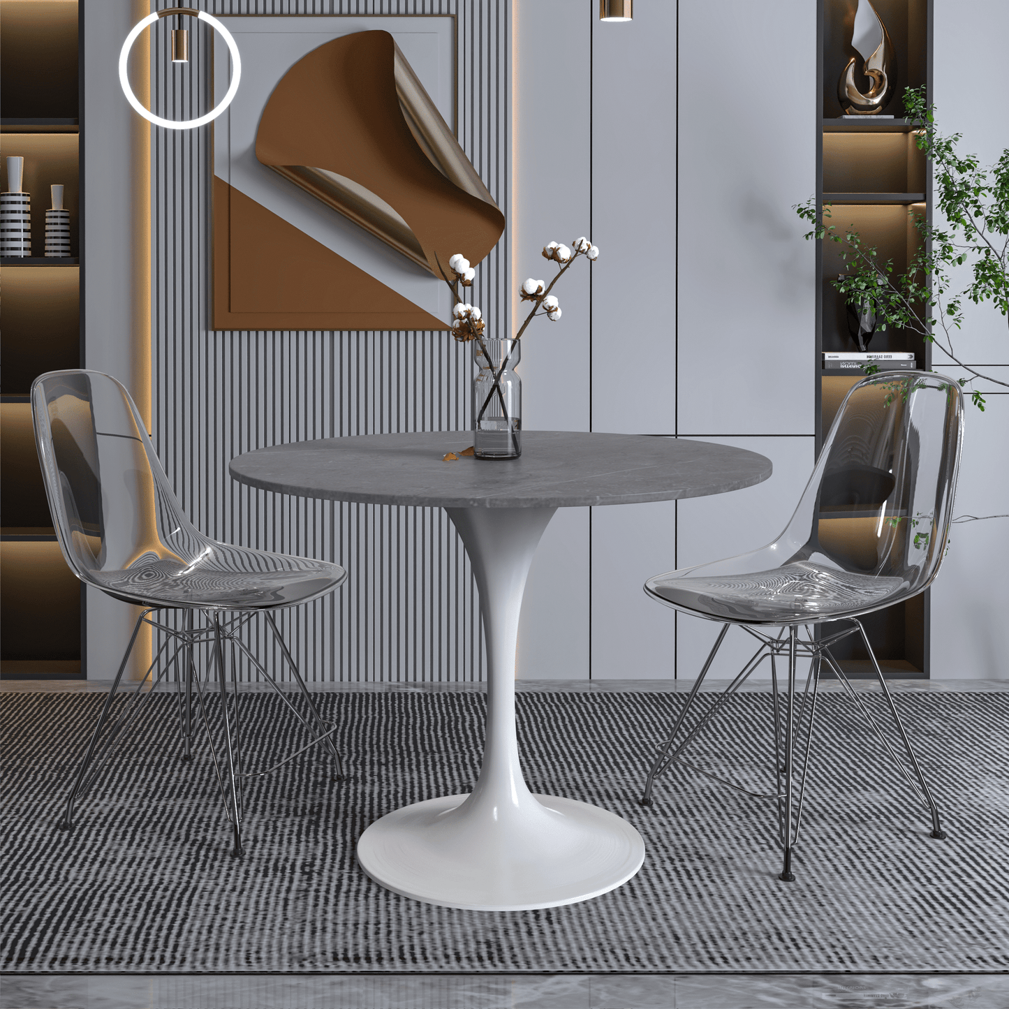 Verve Round Dining Table with MDF/Sintered Stone/Resin Tabletop in White Stainless Steel Pedestal Base