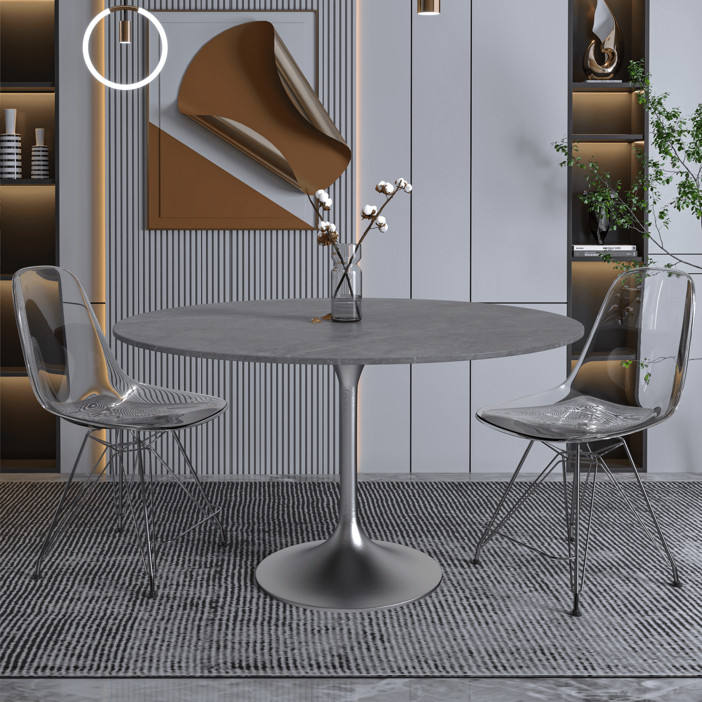 Verve Round Dining Table with MDF/Sintered Stone/Resin Tabletop in Silver Stainless Steel Pedestal Base