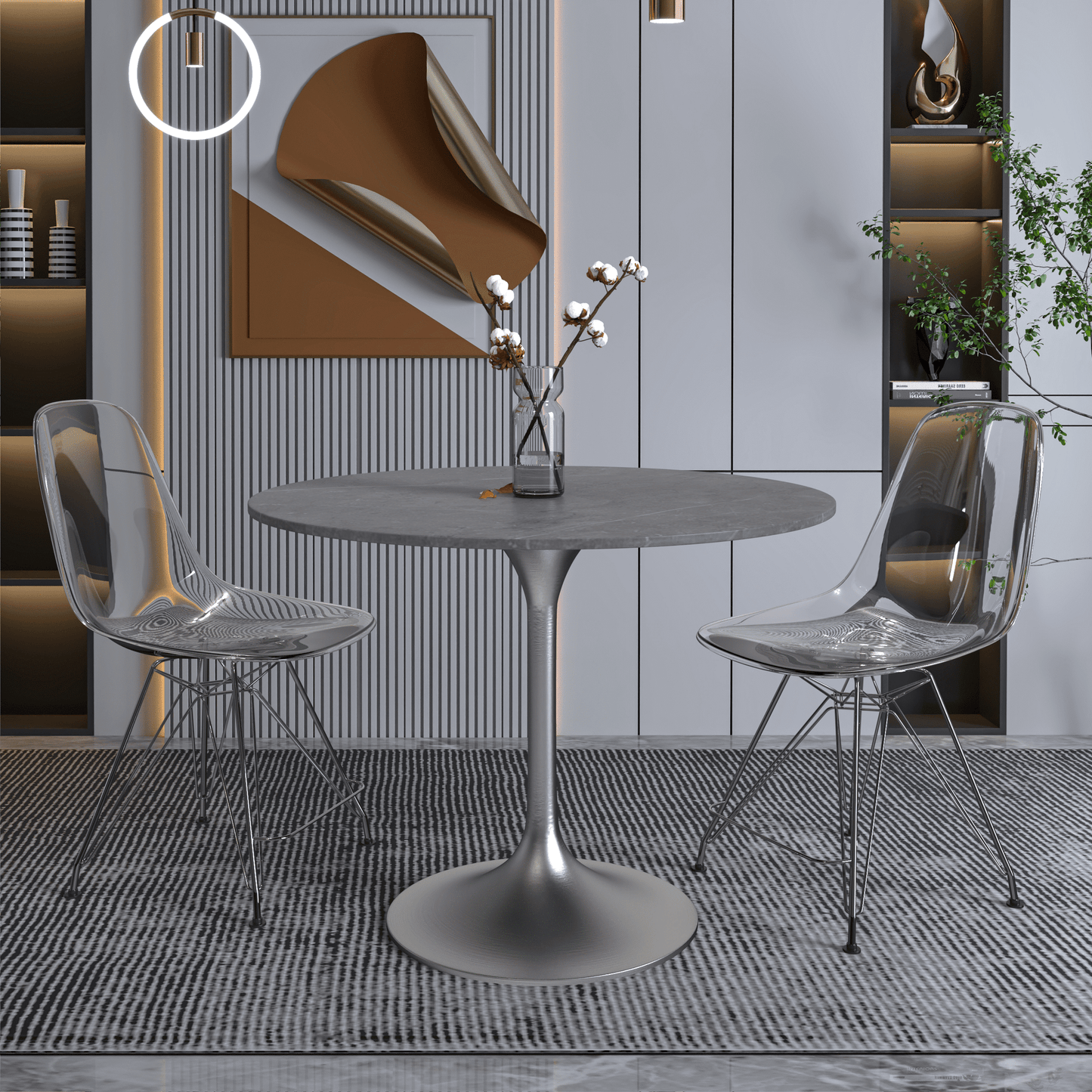 Verve Round Dining Table with MDF/Sintered Stone/Resin Tabletop in Silver Stainless Steel Pedestal Base