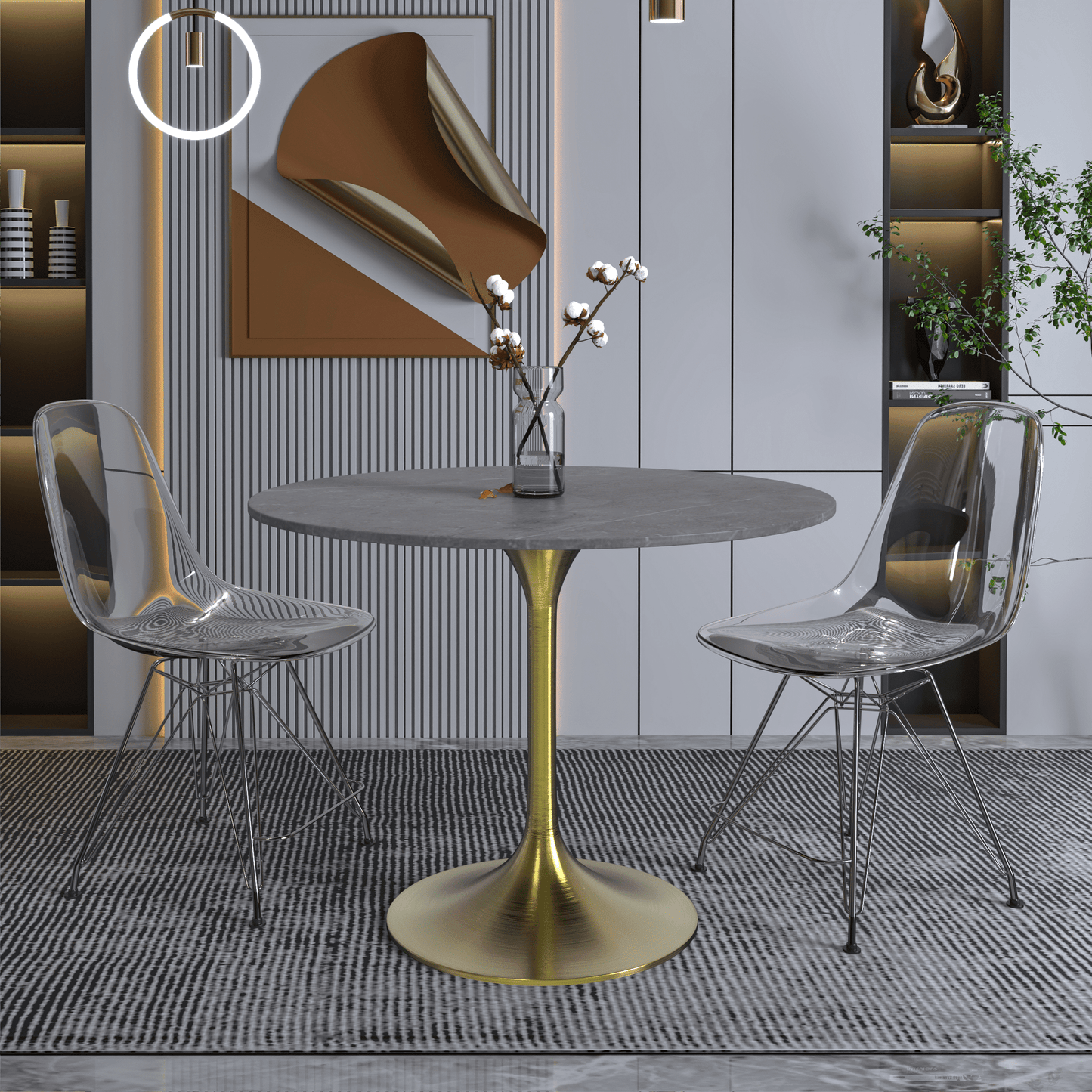 Verve Round Dining Table with MDF/Sintered Stone/Resin Tabletop in Gold Stainless Steel Pedestal Base