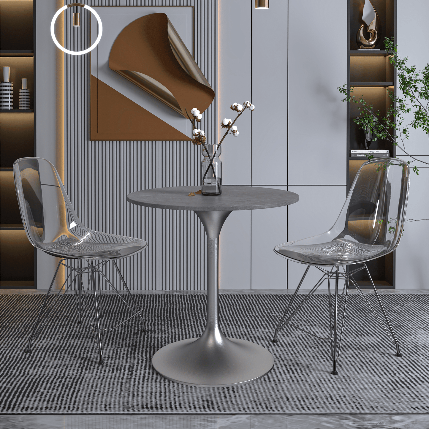 Verve Round Dining Table with MDF/Sintered Stone/Resin Tabletop in Silver Stainless Steel Pedestal Base