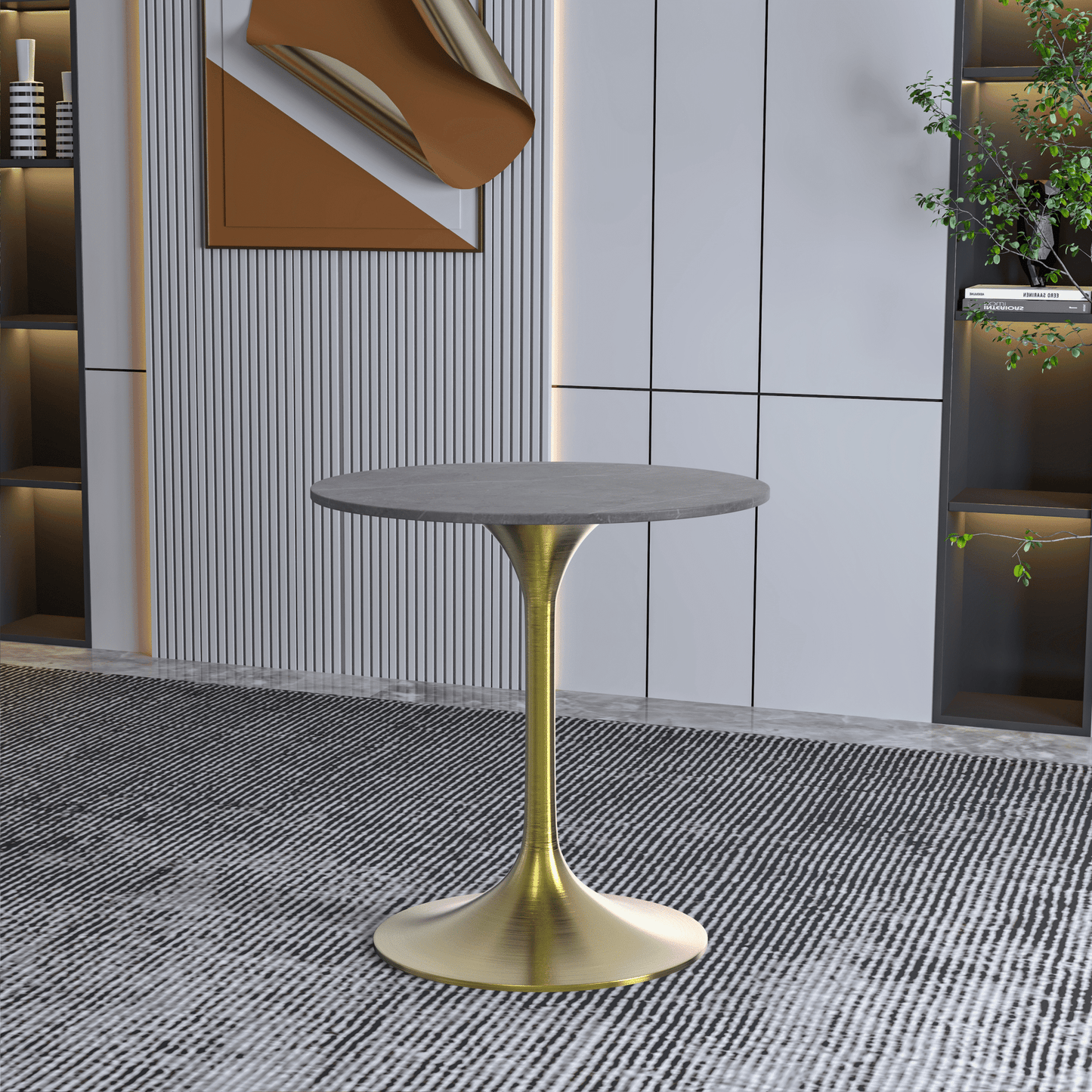 Verve Round Dining Table with MDF/Sintered Stone/Resin Tabletop in Gold Stainless Steel Pedestal Base