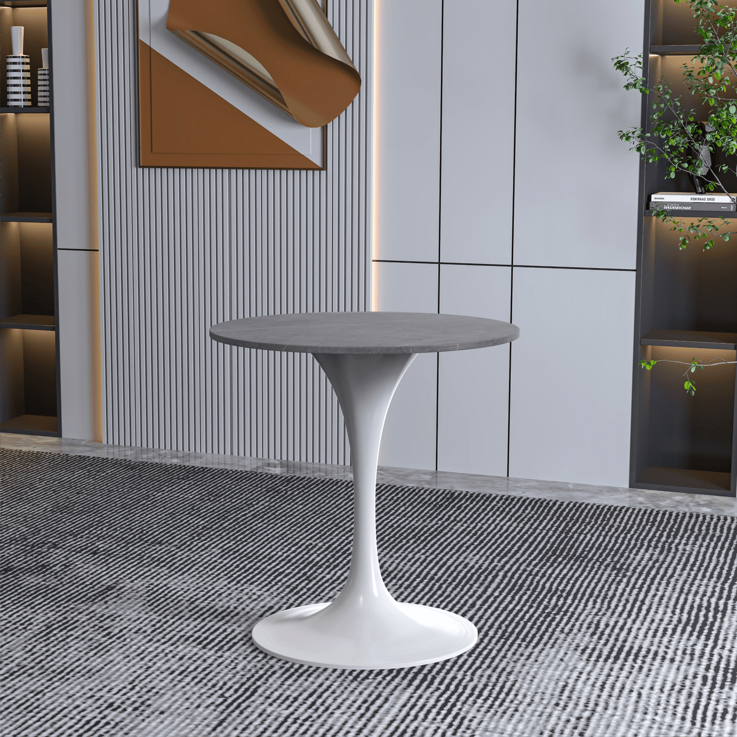 Verve Round Dining Table with MDF/Sintered Stone/Resin Tabletop in White Stainless Steel Pedestal Base