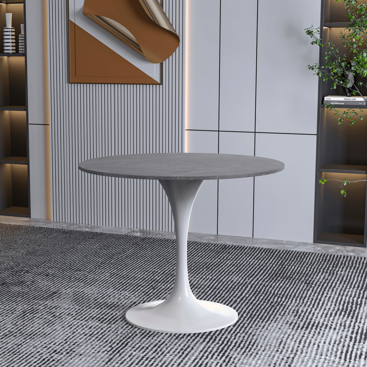 Verve Round Dining Table with MDF/Sintered Stone/Resin Tabletop in White Stainless Steel Pedestal Base