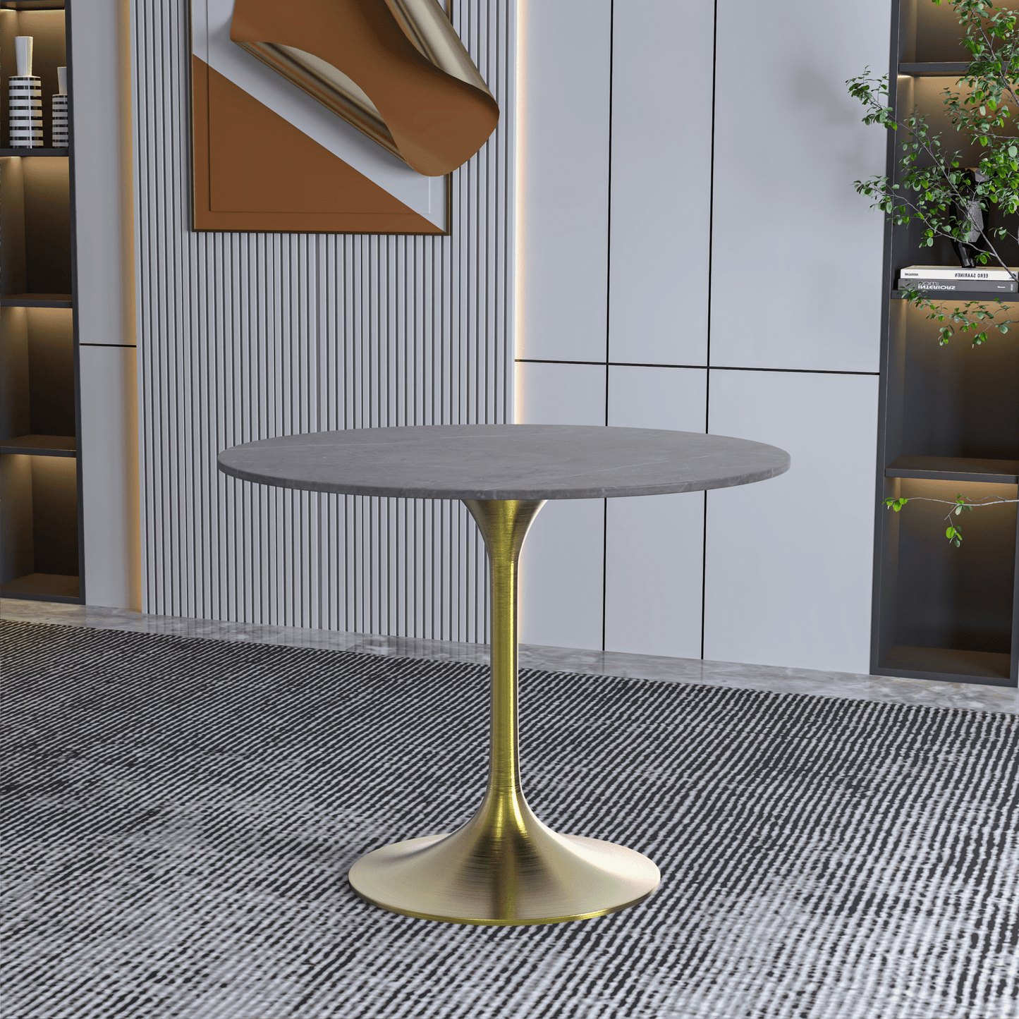 Verve Round Dining Table with MDF/Sintered Stone/Resin Tabletop in Gold Stainless Steel Pedestal Base